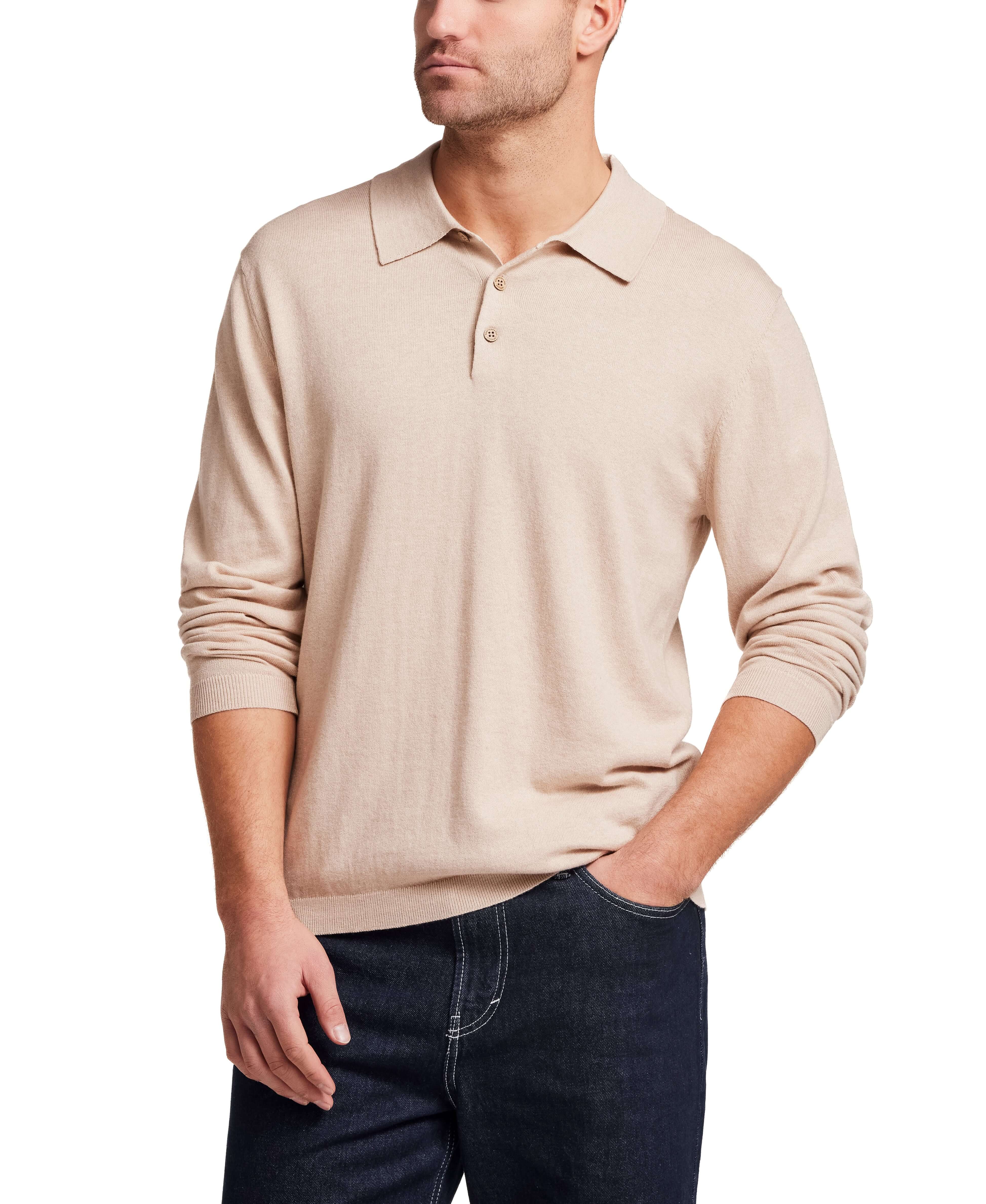 Cotton Cashmere Long Sleeve Polo in Oat, soft lightweight knit polo with a classic fit and long sleeves.