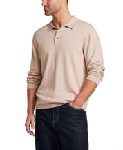 Cotton Cashmere Long Sleeve Polo in Oat worn by a male model, showcasing the lightweight knit and classic fit.