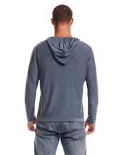 STONE WASH HOODED SWEATER W POCKET in ENSIGN BLUE, back view showcasing the soft cotton fabric.