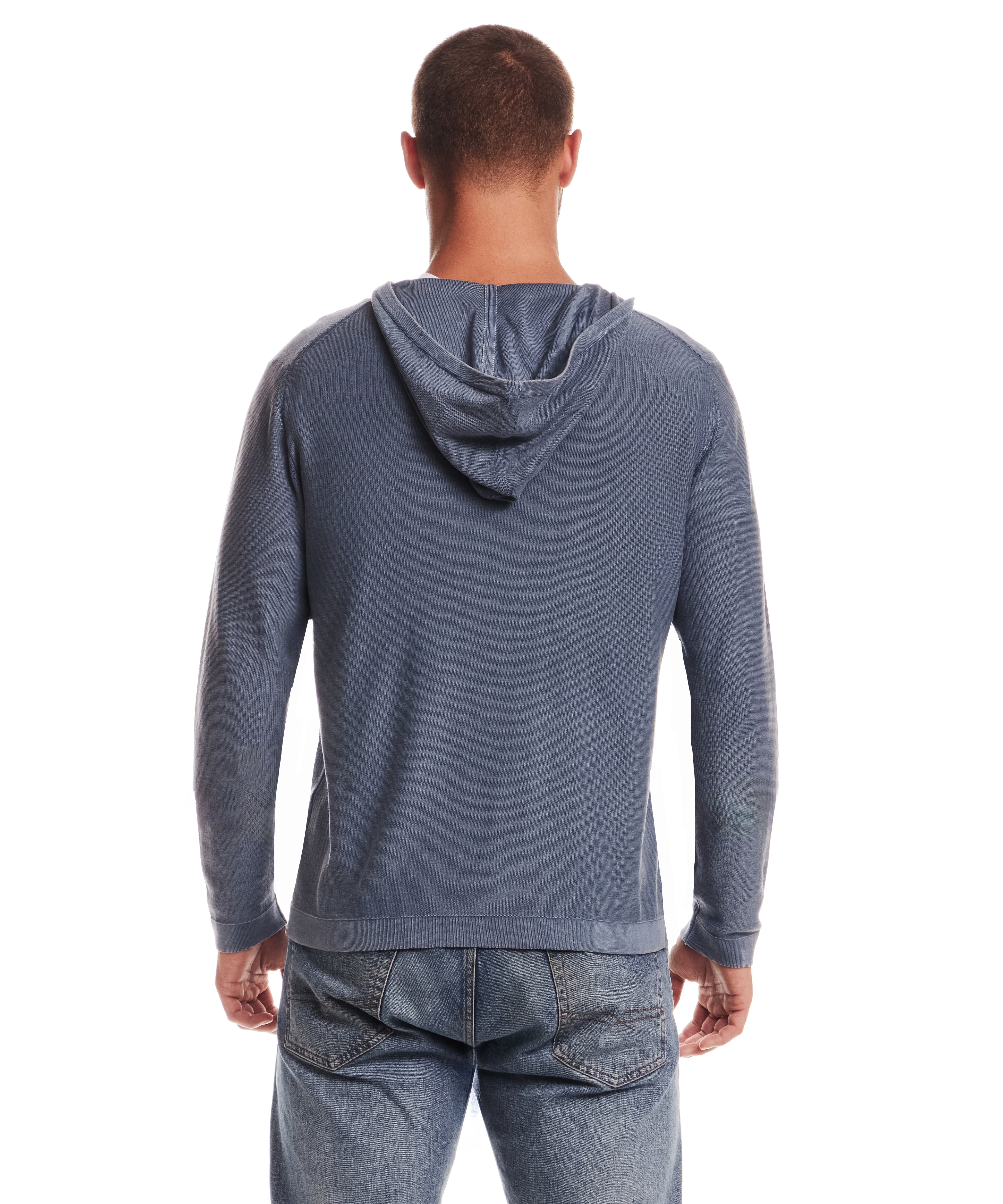 STONE WASH HOODED SWEATER W POCKET in ENSIGN BLUE, back view showcasing the soft cotton fabric.