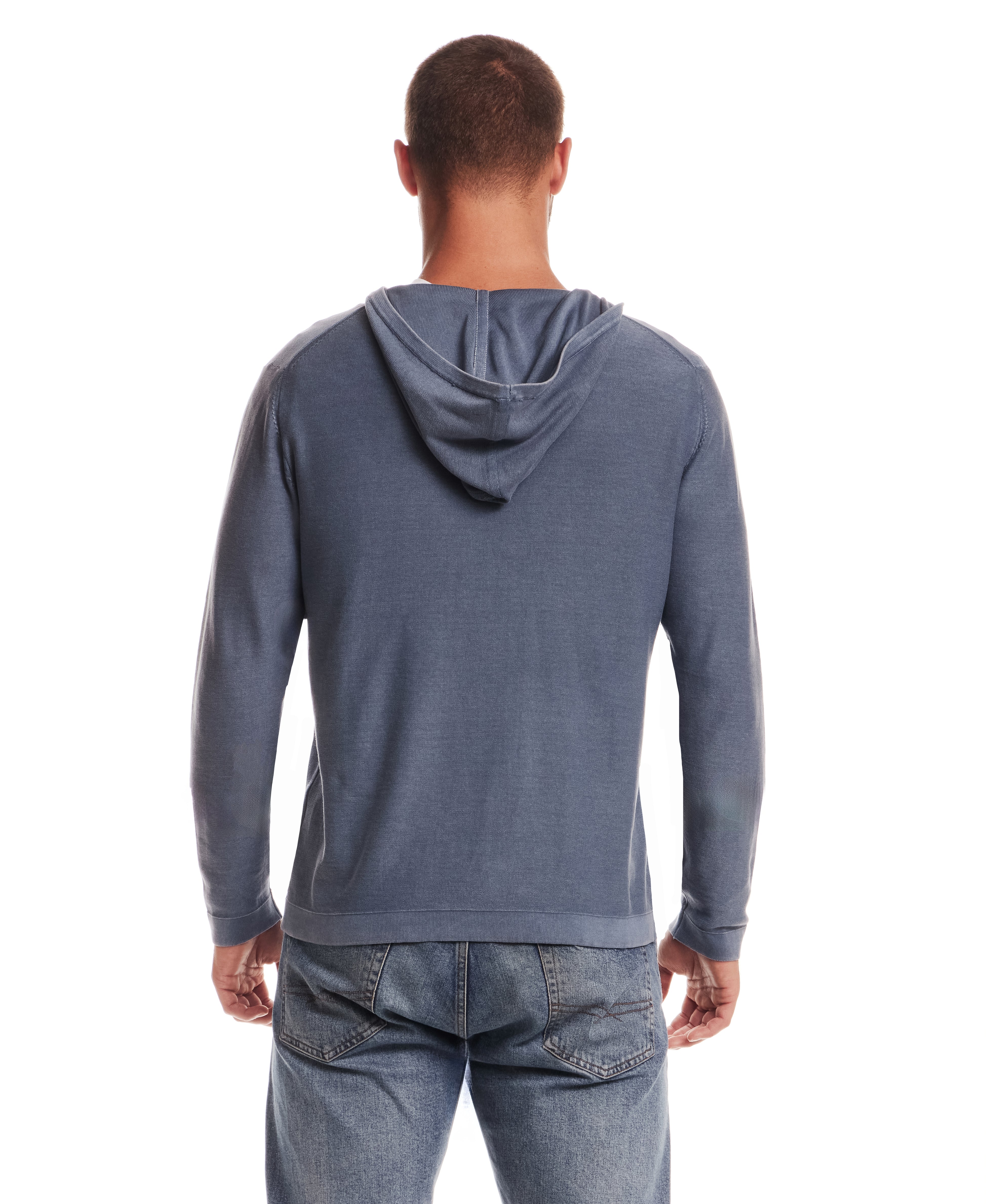 STONE WASH HOODED SWEATER W POCKET in ENSIGN BLUE, back view showcasing the soft cotton fabric.