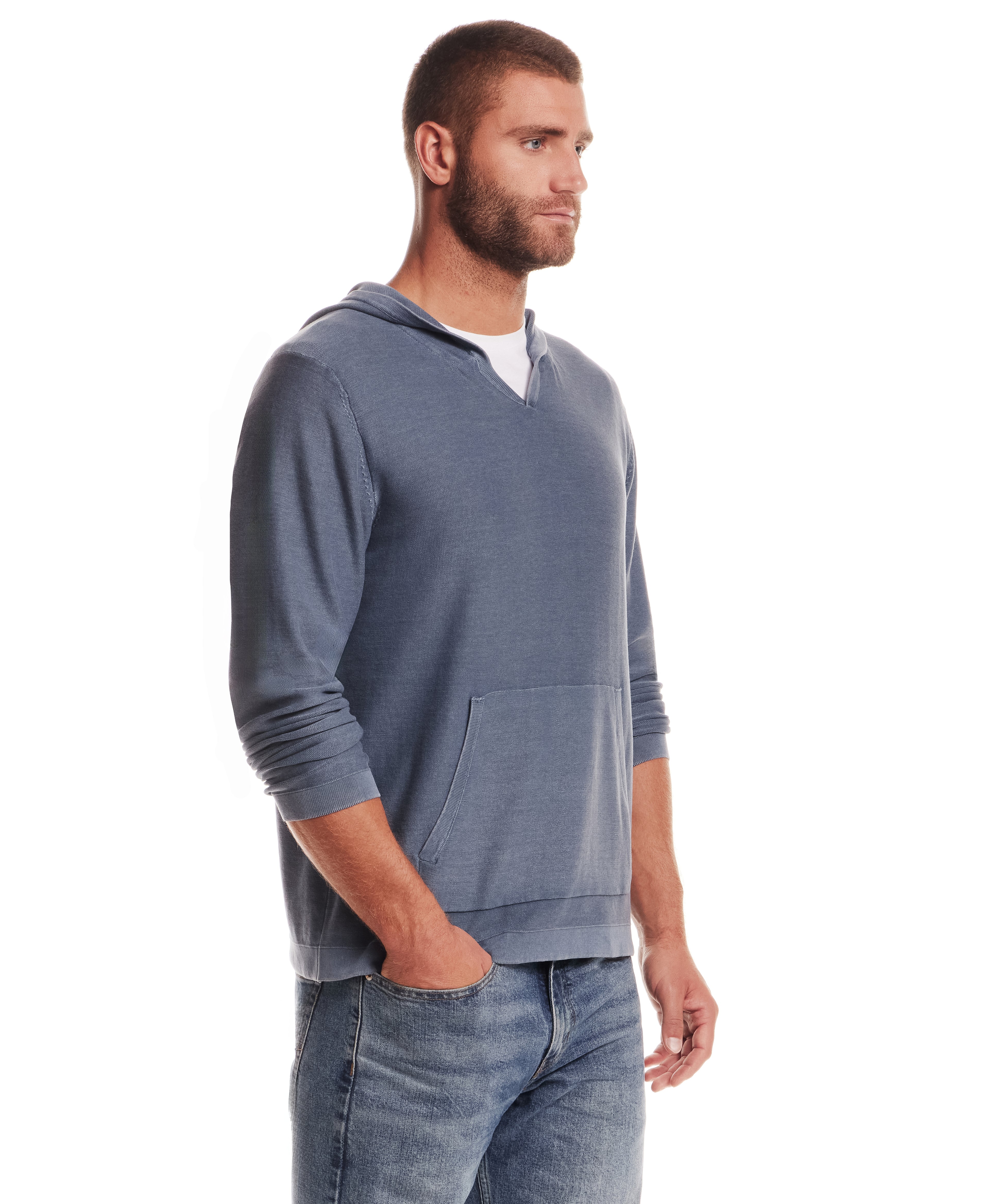 STONE WASH HOODED SWEATER W POCKET in ENSIGN BLUE worn by a man, featuring a casual and stylish design.
