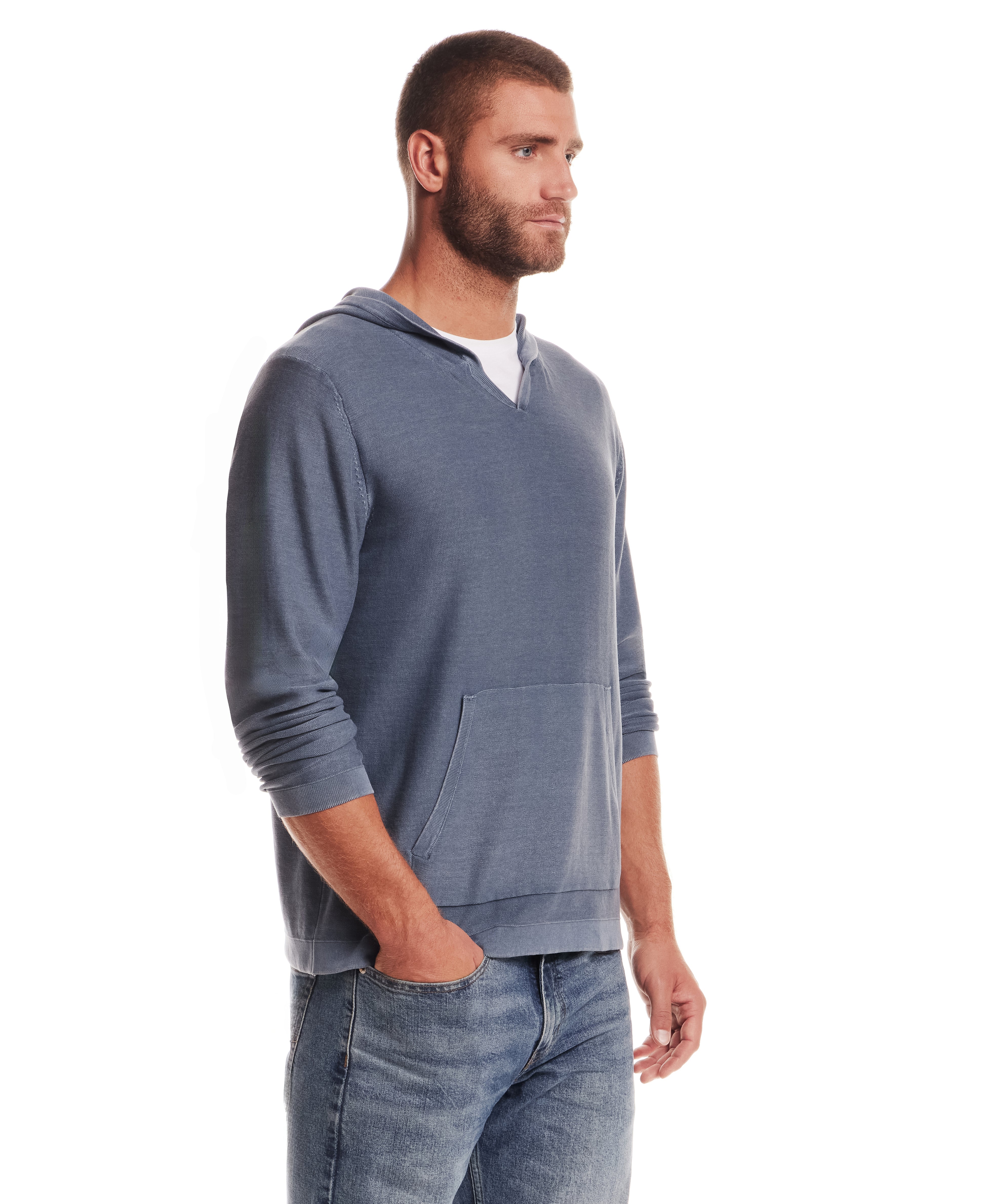 STONE WASH HOODED SWEATER W POCKET in ENSIGN BLUE worn by a man, featuring a casual and stylish design.