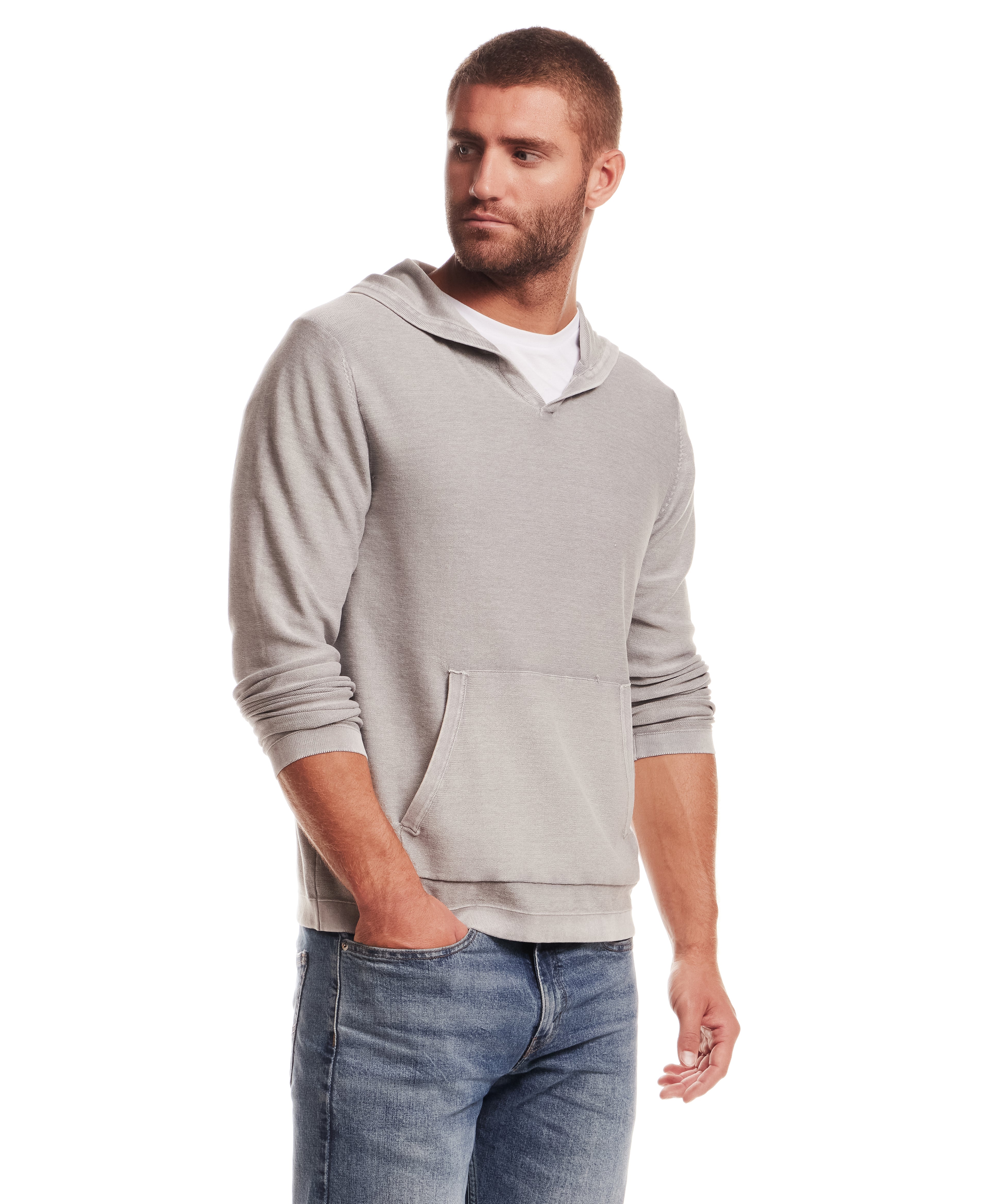 Model wearing a Stonewash Hooded Sweater in Ultimate Grey with a casual style.
