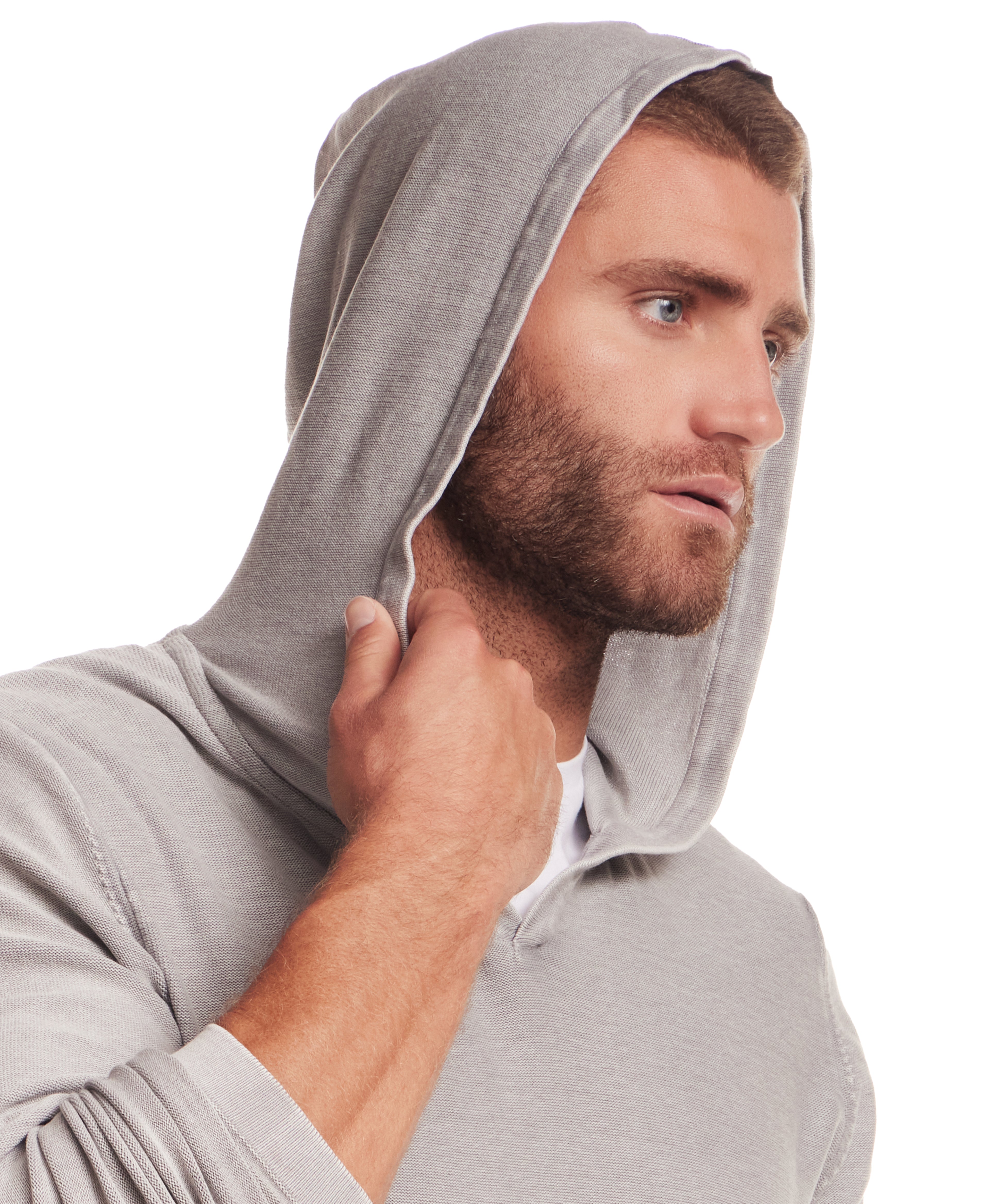 Stonewash Hooded Sweater in Ultimate Grey worn by a model, showcasing its softness and casual style.