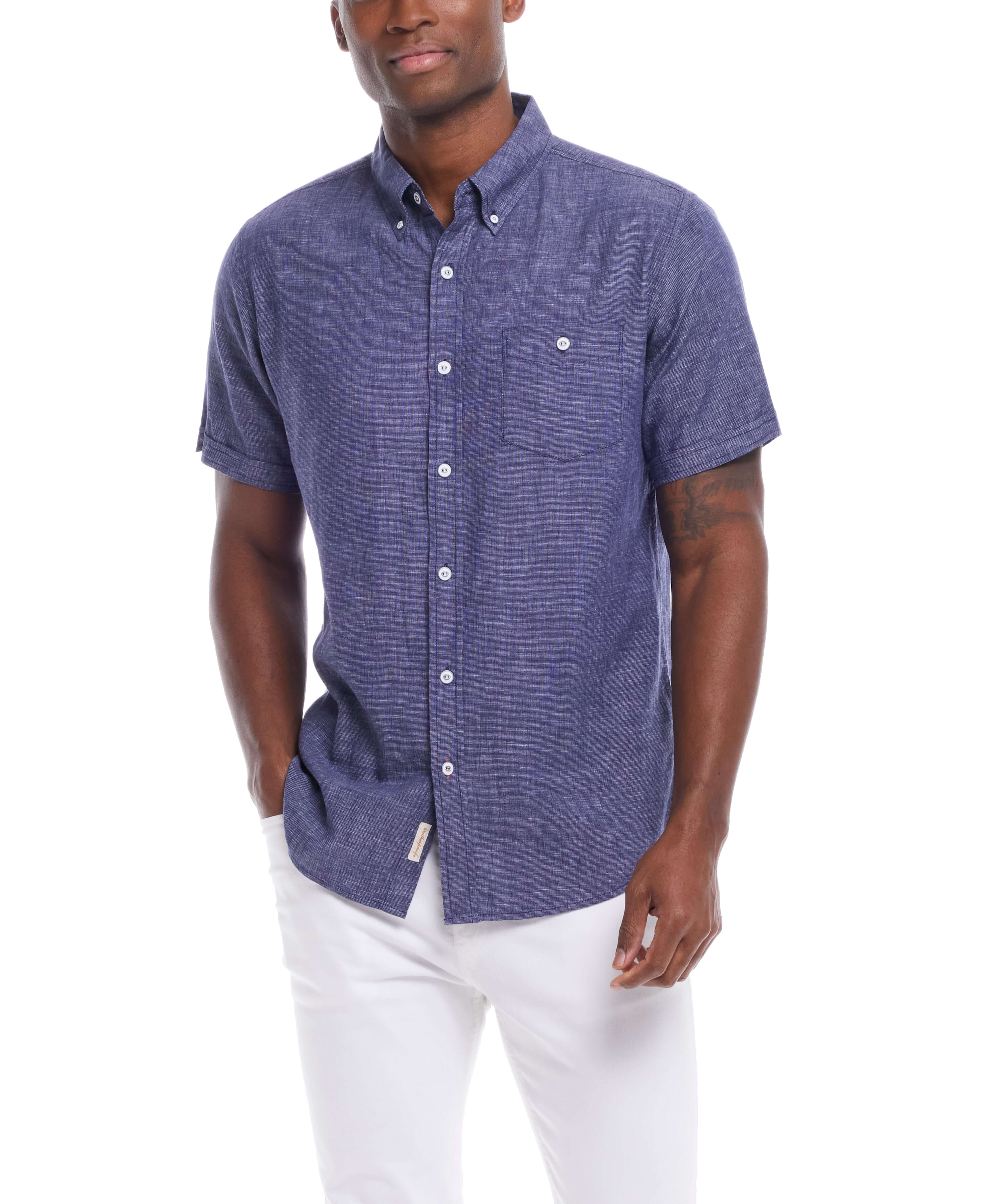Short Sleeve Solid Linen Cotton in Naval Academy worn by a model with a stylish, relaxed fit.