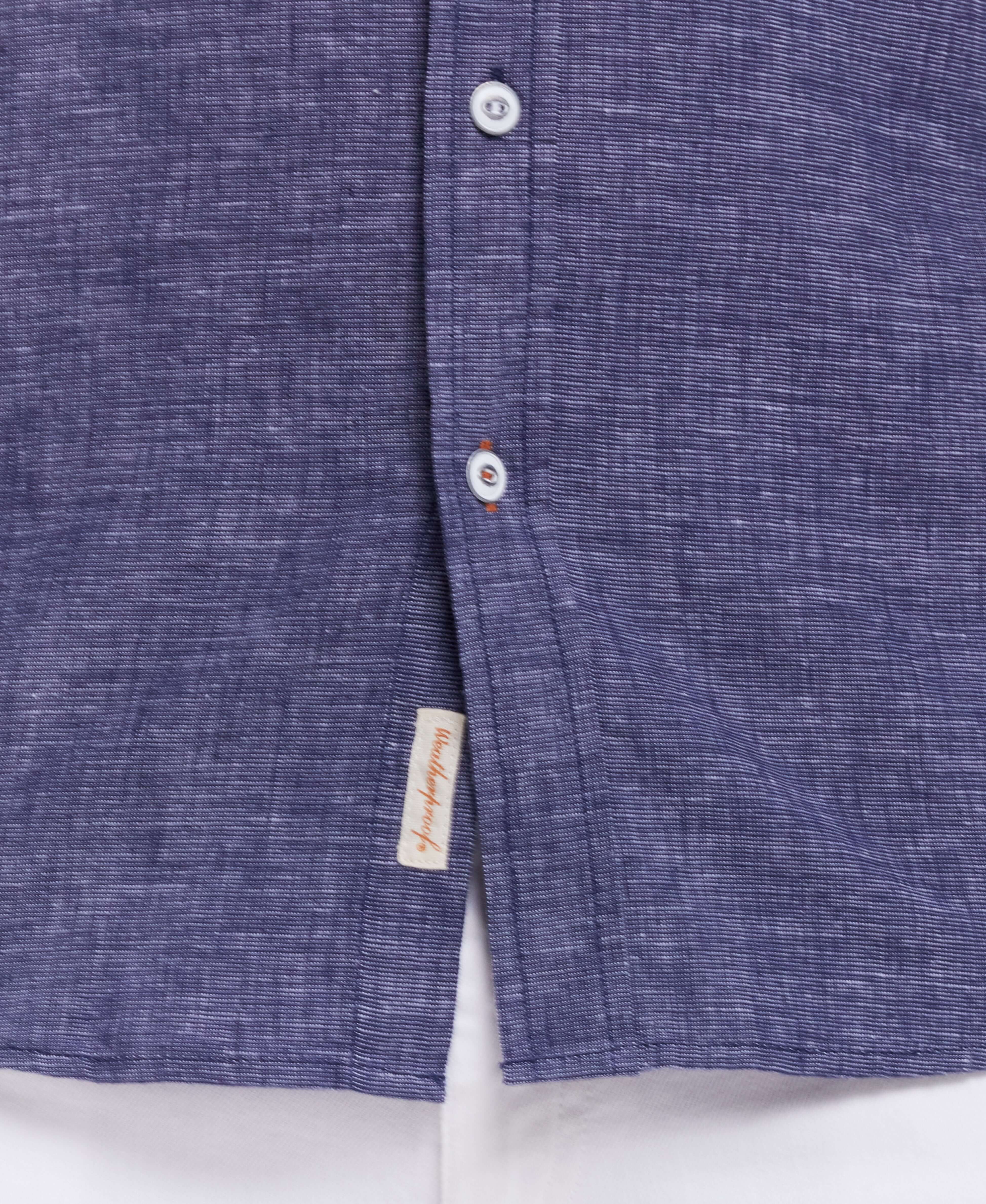 Short Sleeve Solid Linen Cotton in Naval Academy shirt detail featuring buttons and textured fabric.