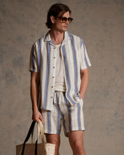 Linen Rayon Stripe Camp Shirt in Blue & White Stripe