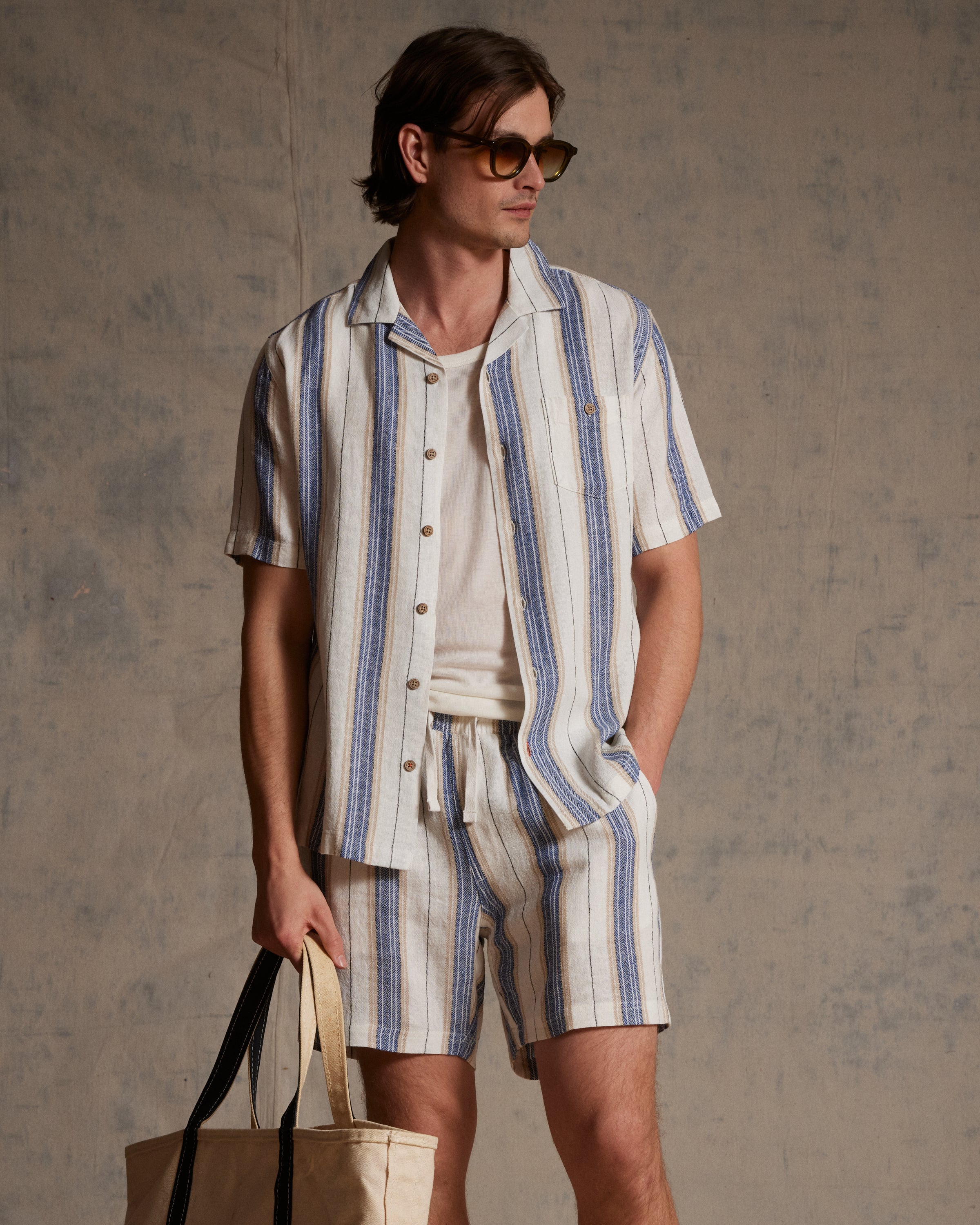 Linen Rayon Stripe Camp Shirt in Blue & White Stripe