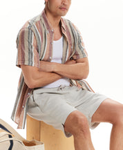 Short Sleeve Sunset Stripe Linen Blend Shirt in Rose Brown