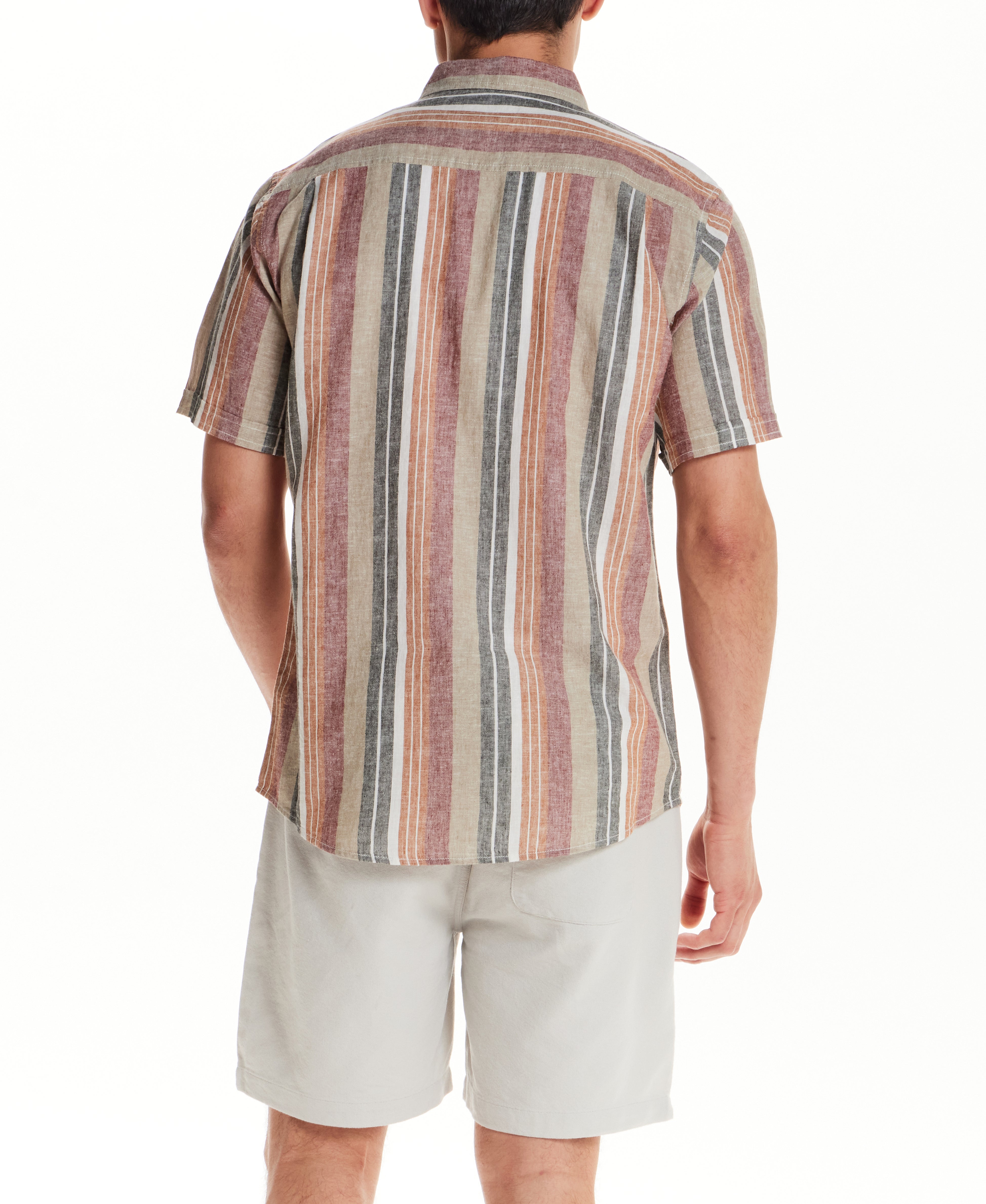 Short Sleeve Sunset Stripe Linen Blend Shirt in Rose Brown
