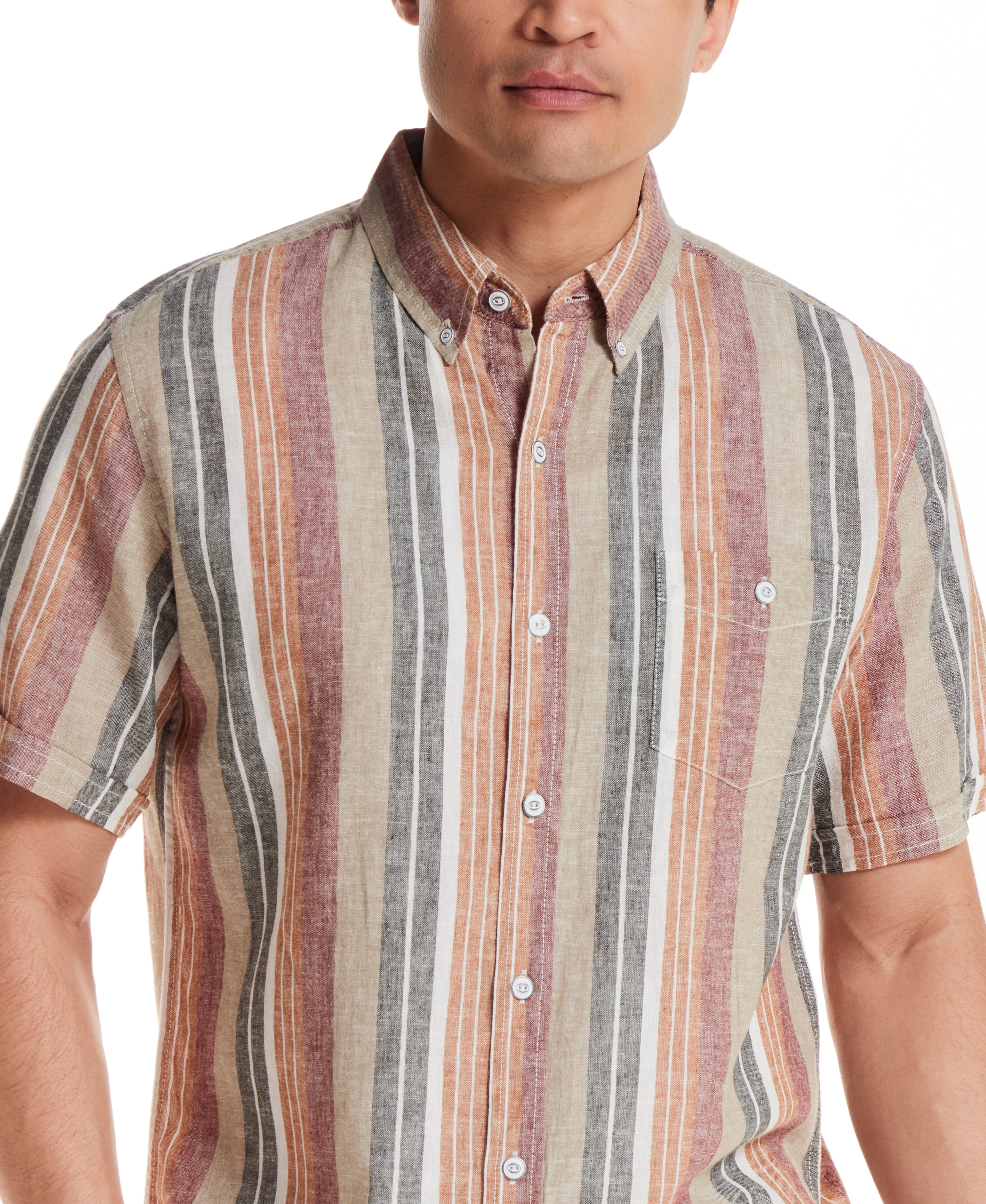 Short Sleeve Sunset Stripe Linen Blend Shirt in Rose Brown