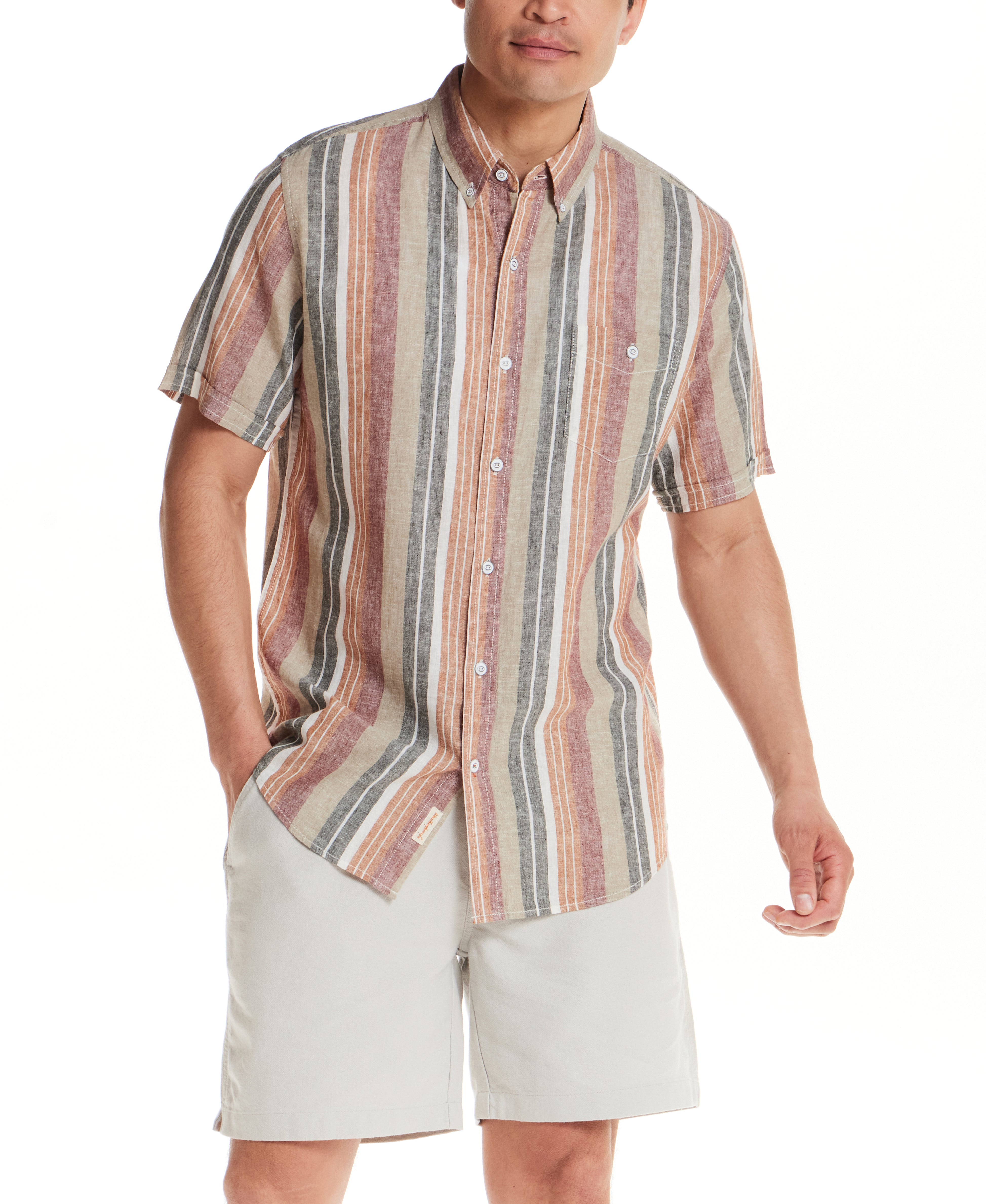Short Sleeve Sunset Stripe Linen Blend Shirt in Rose Brown