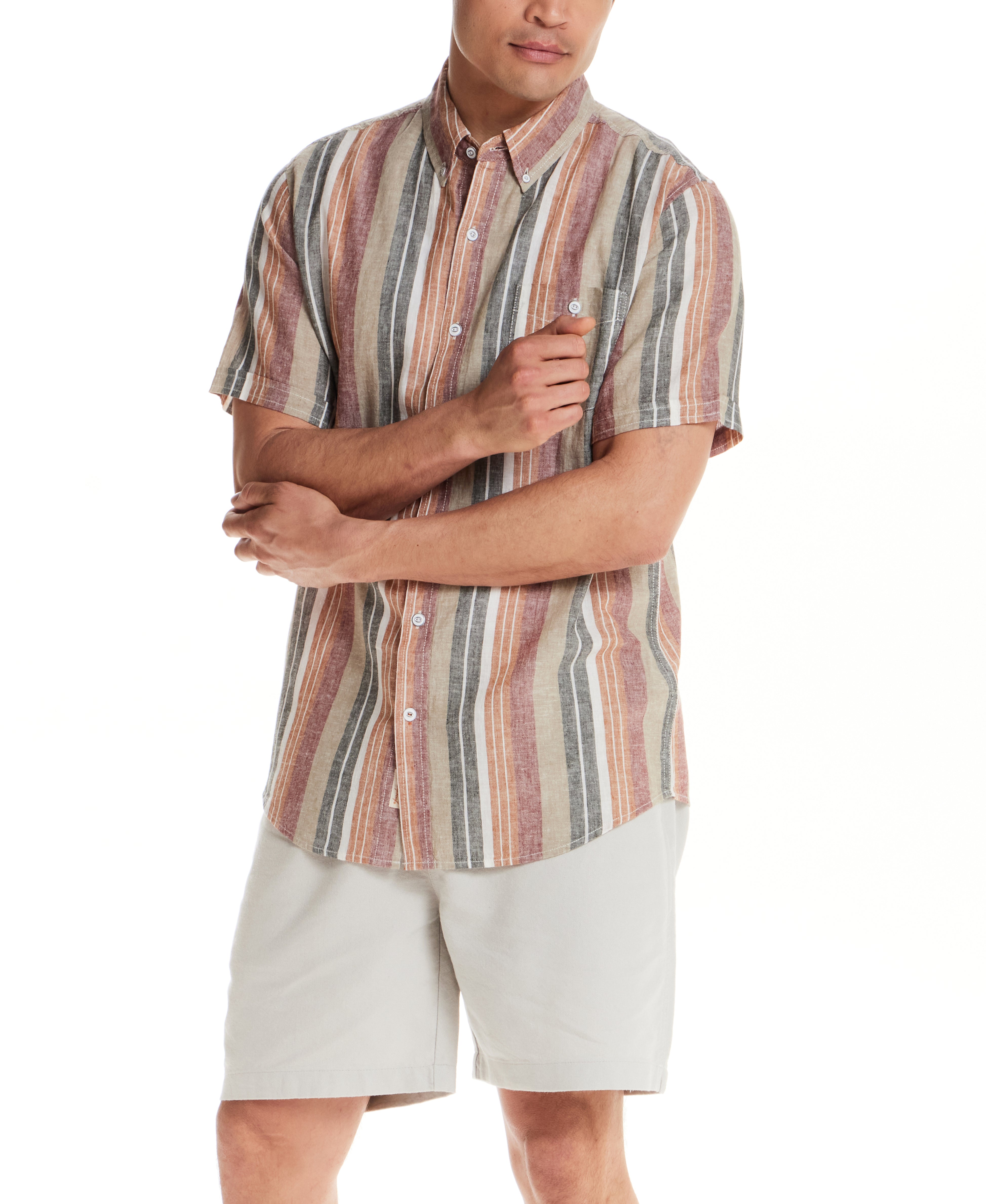Short Sleeve Sunset Stripe Linen Blend Shirt in Rose Brown