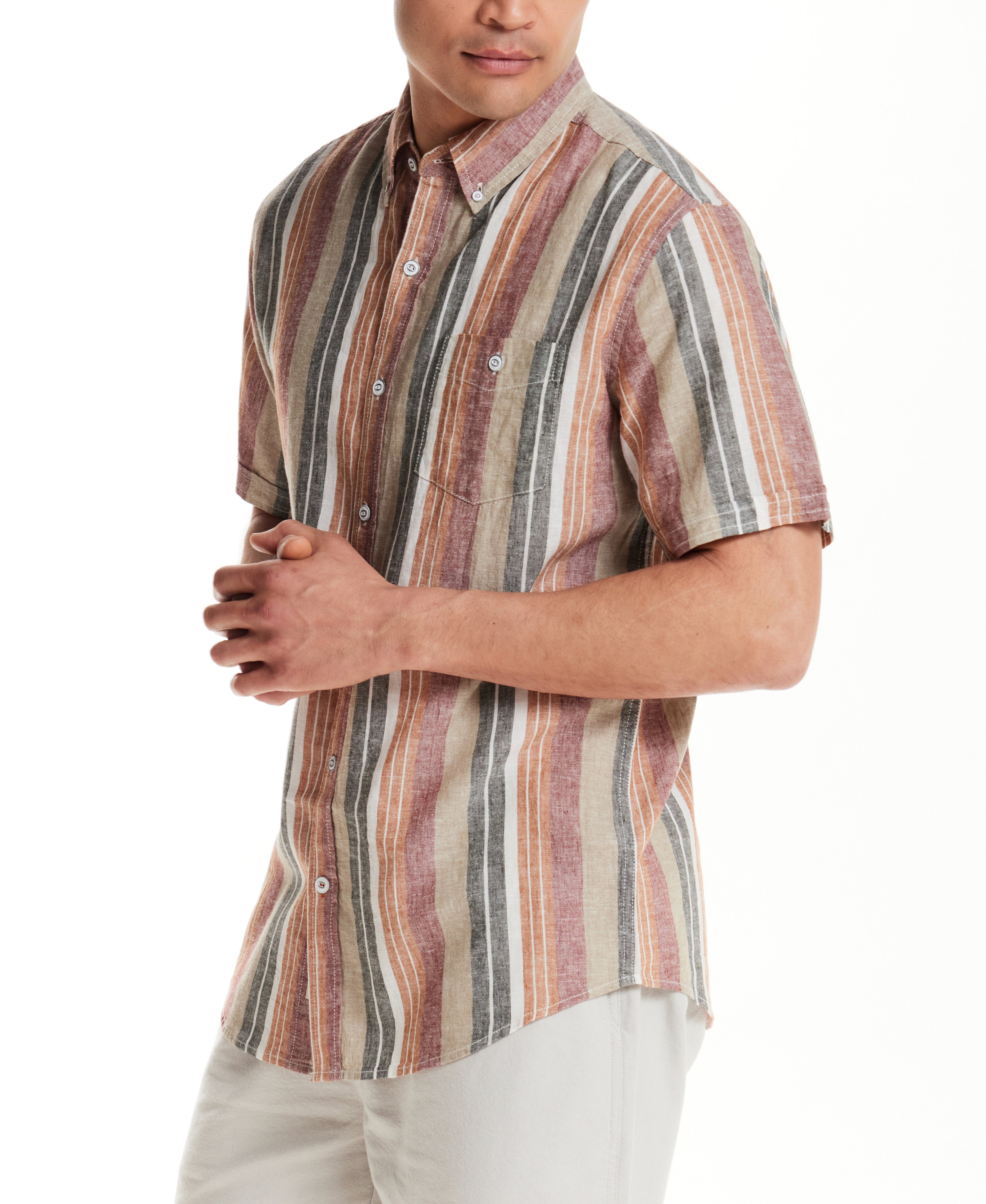 Short Sleeve Sunset Stripe Linen Blend Shirt in Rose Brown