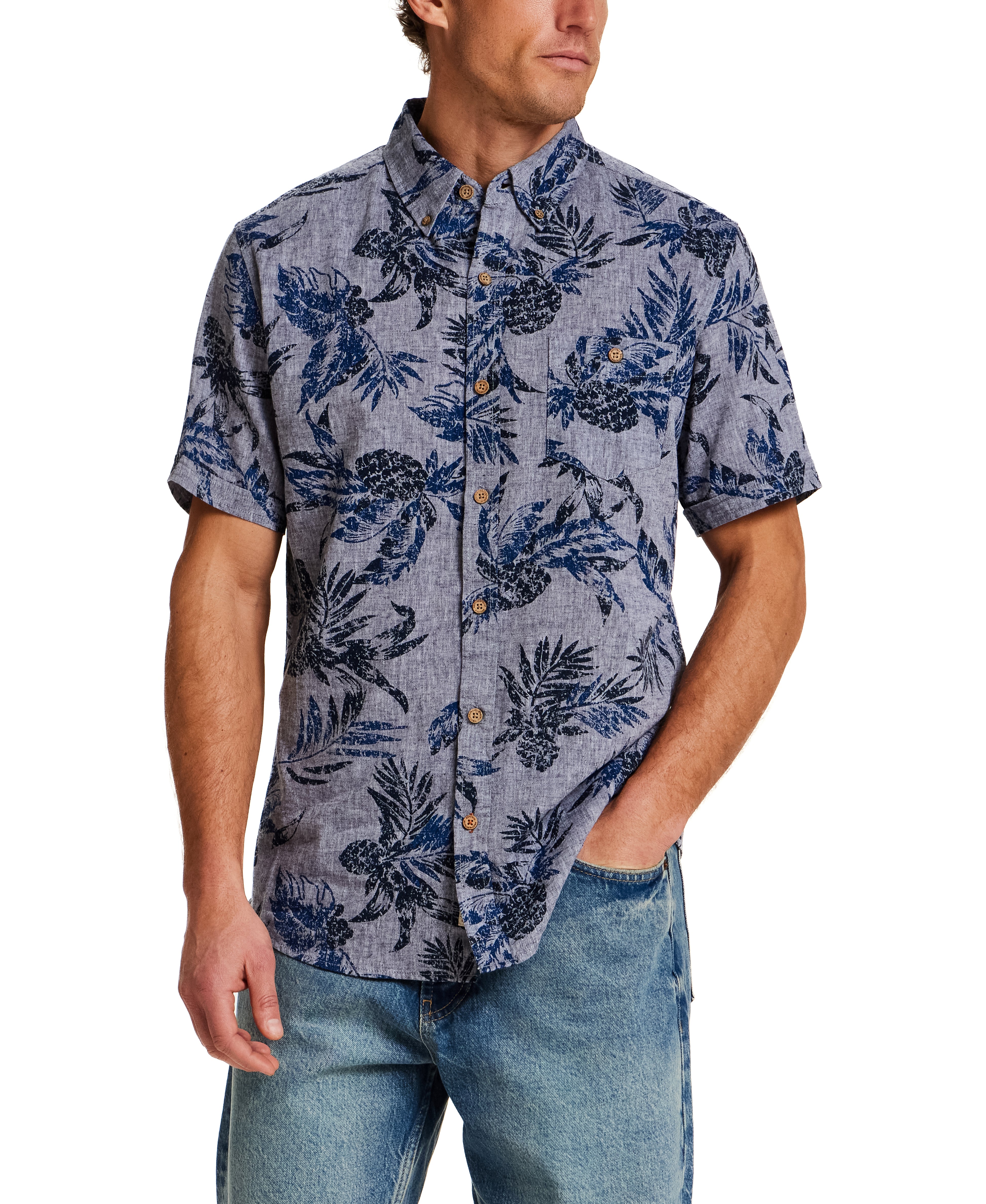 The Linen Cotton Print Shirt in Dress Blue