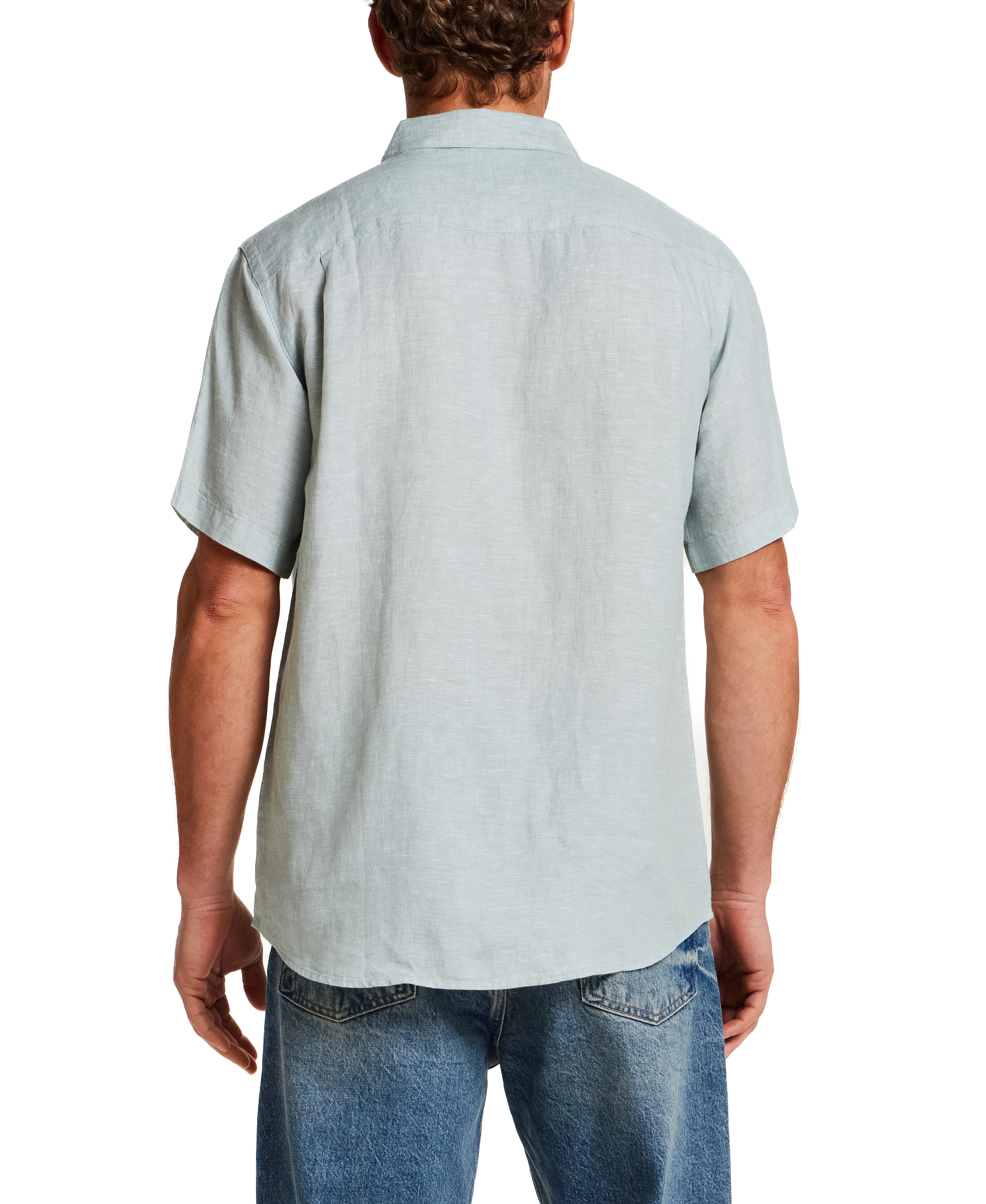 Short Sleeve Linen Shirt in Teal Mist