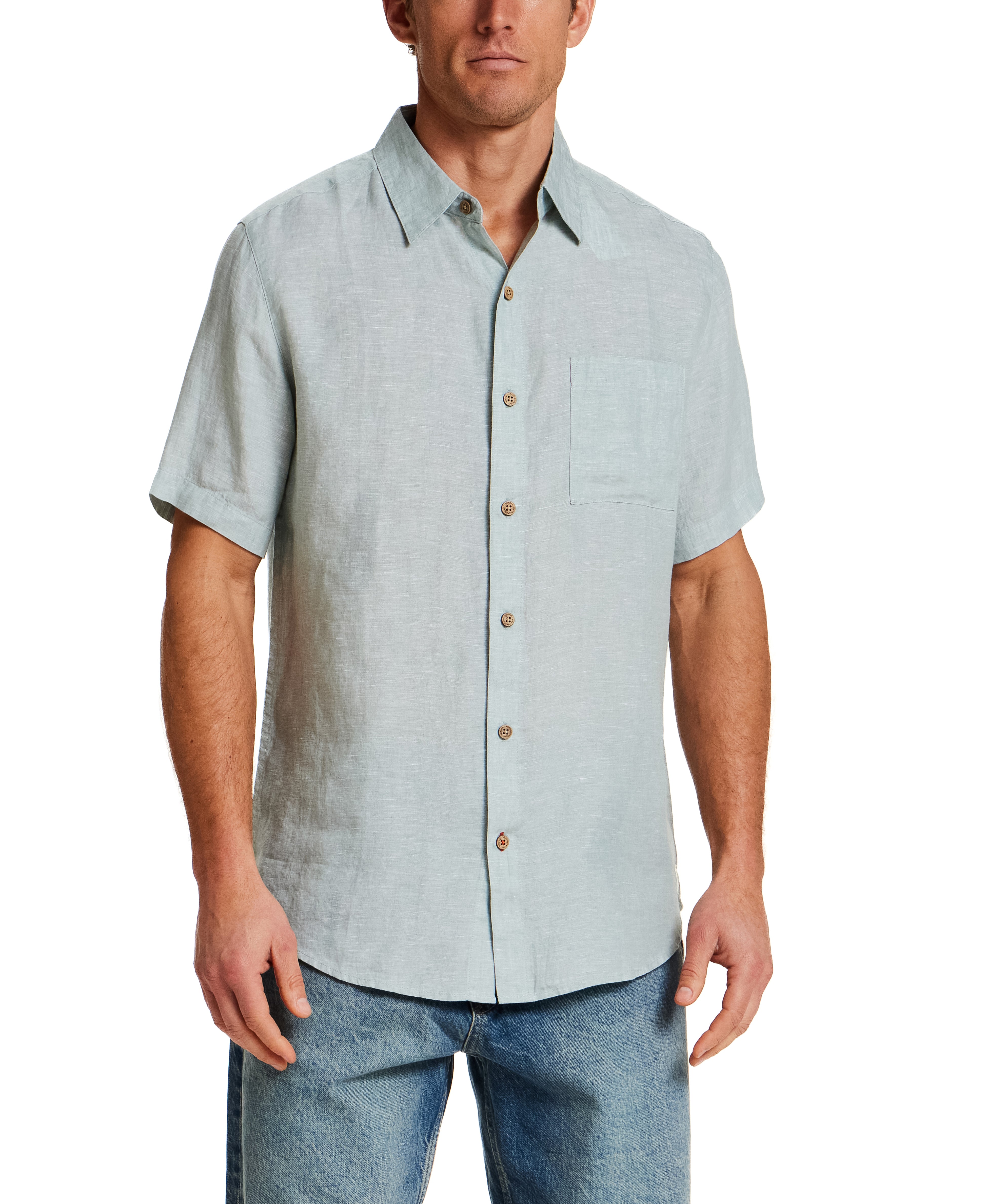 Short Sleeve Linen Shirt in Teal Mist
