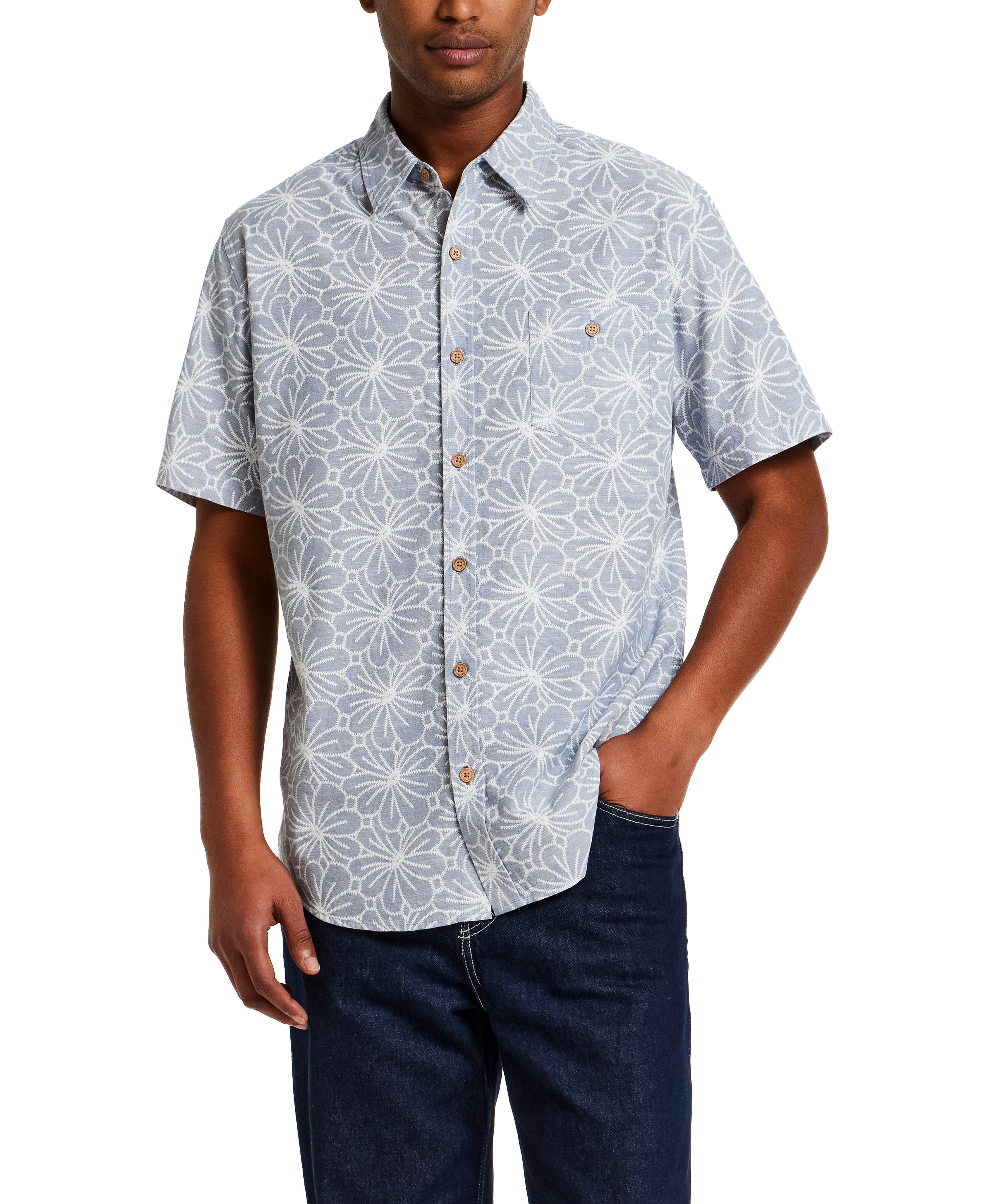 100% Cotton Linen-Texture Shirt in Infinity Blue