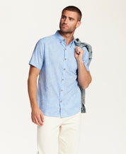 Short Sleeve Linen Cotton Leaf Print Shirt in Blue Topaz