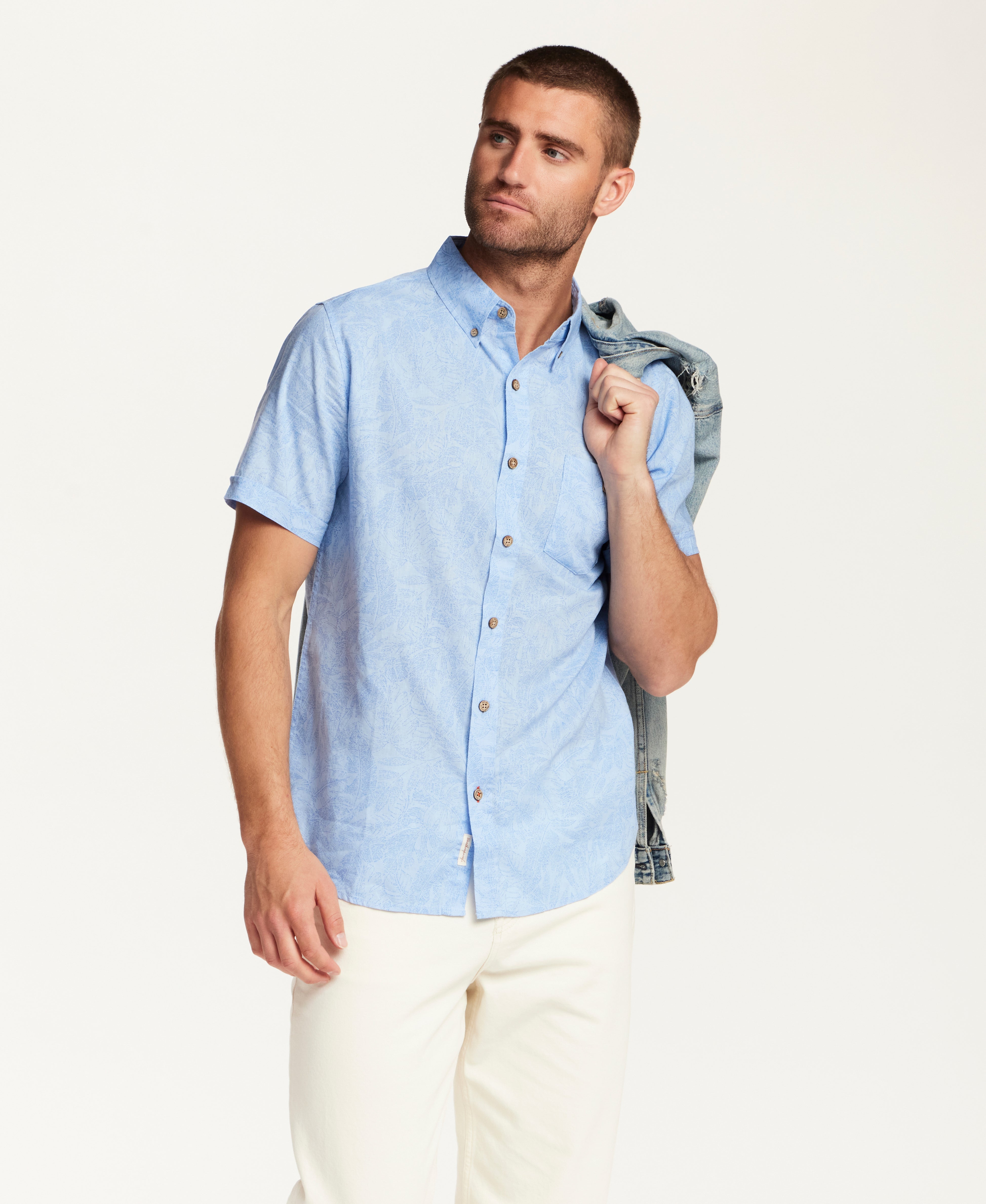 Short Sleeve Linen Cotton Leaf Print Shirt in Blue Topaz