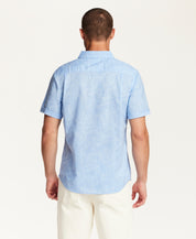 Short Sleeve Linen Cotton Leaf Print Shirt in Blue Topaz