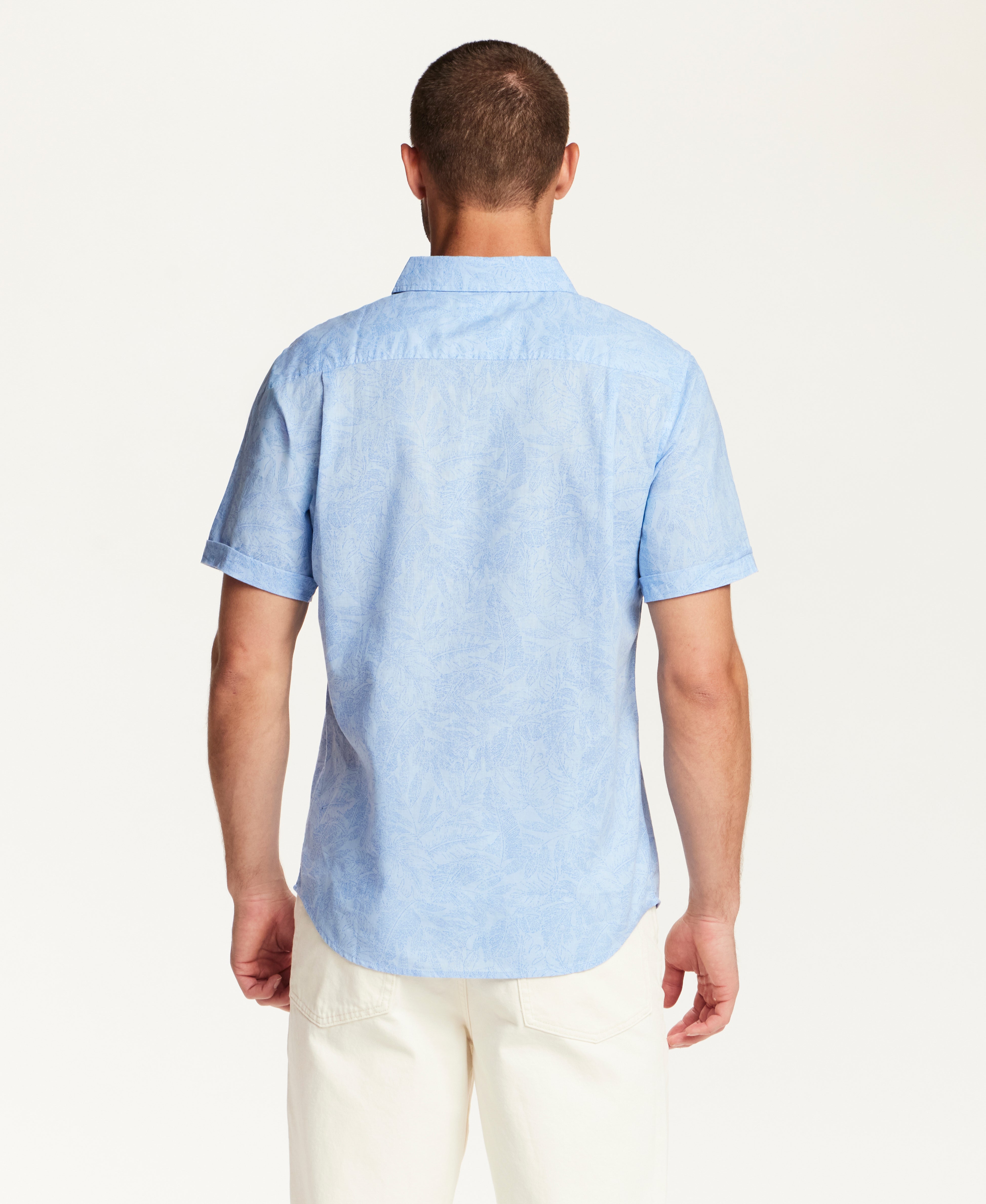Short Sleeve Linen Cotton Leaf Print Shirt in Blue Topaz
