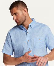 Short Sleeve Linen Cotton Leaf Print Shirt in Blue Topaz