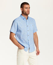 Short Sleeve Linen Cotton Leaf Print Shirt in Blue Topaz