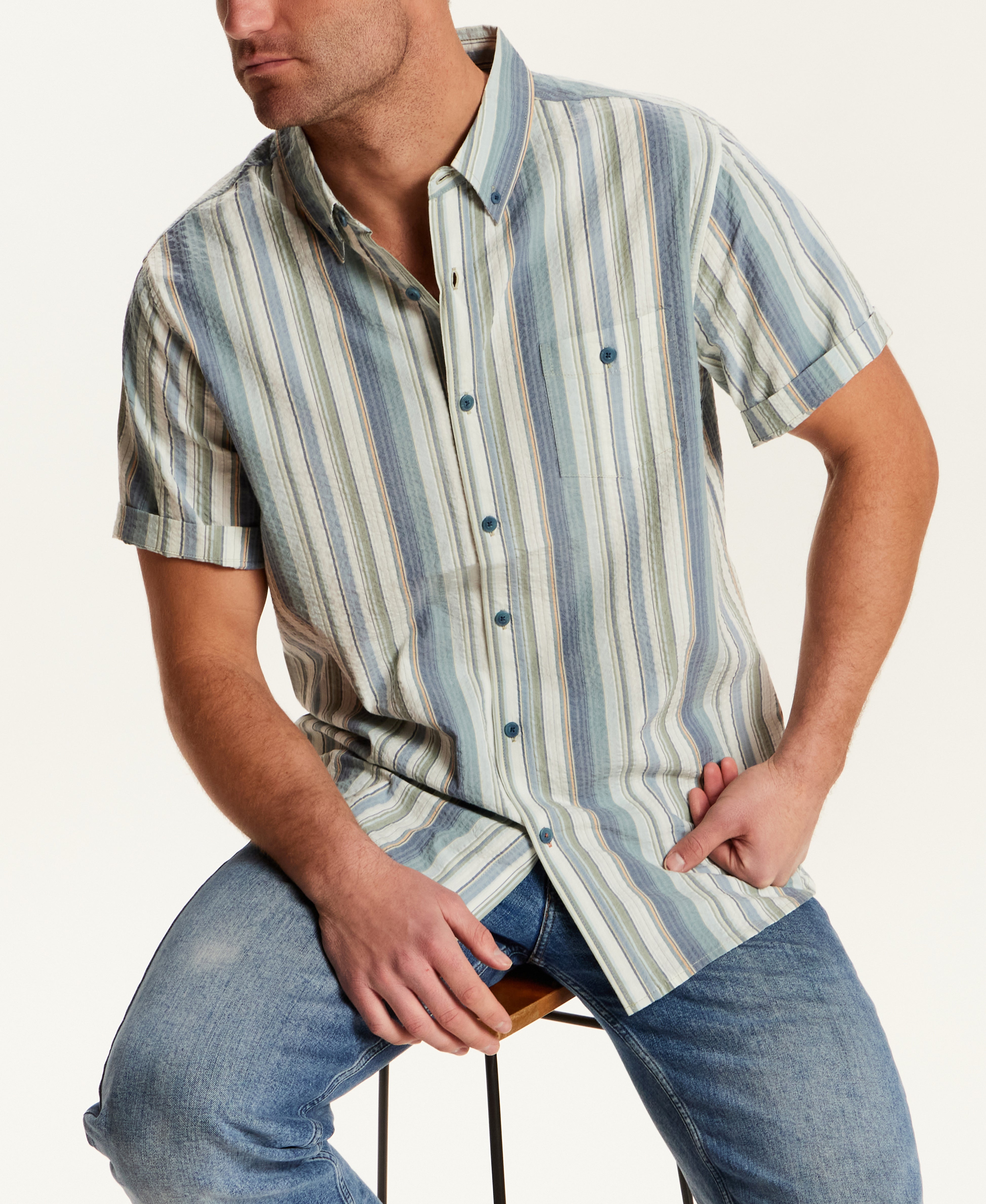 Short Sleeve Seersucker Stripe in Green Slate