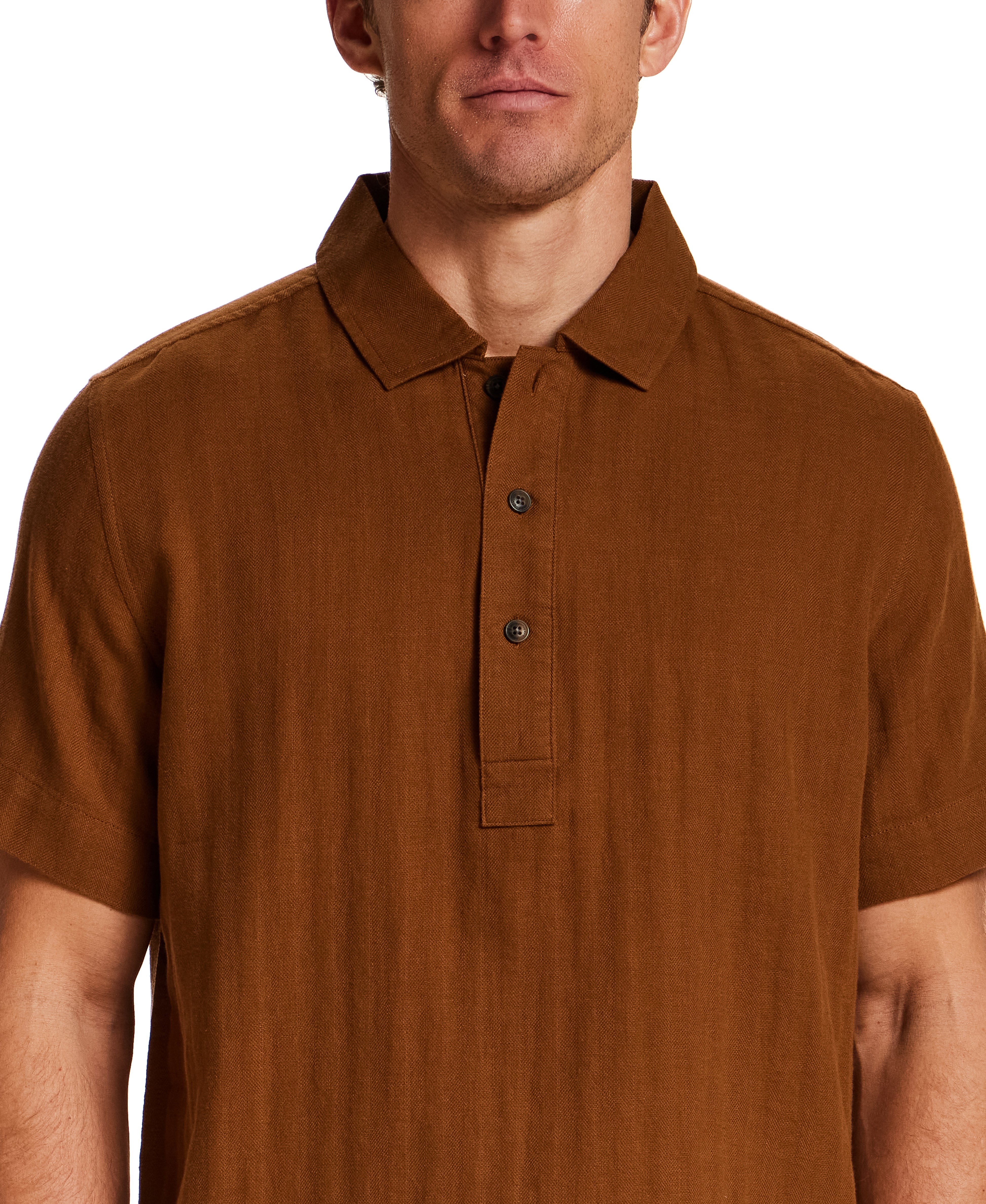 Cotton Gauze Herringbone Polo in Retro Brown