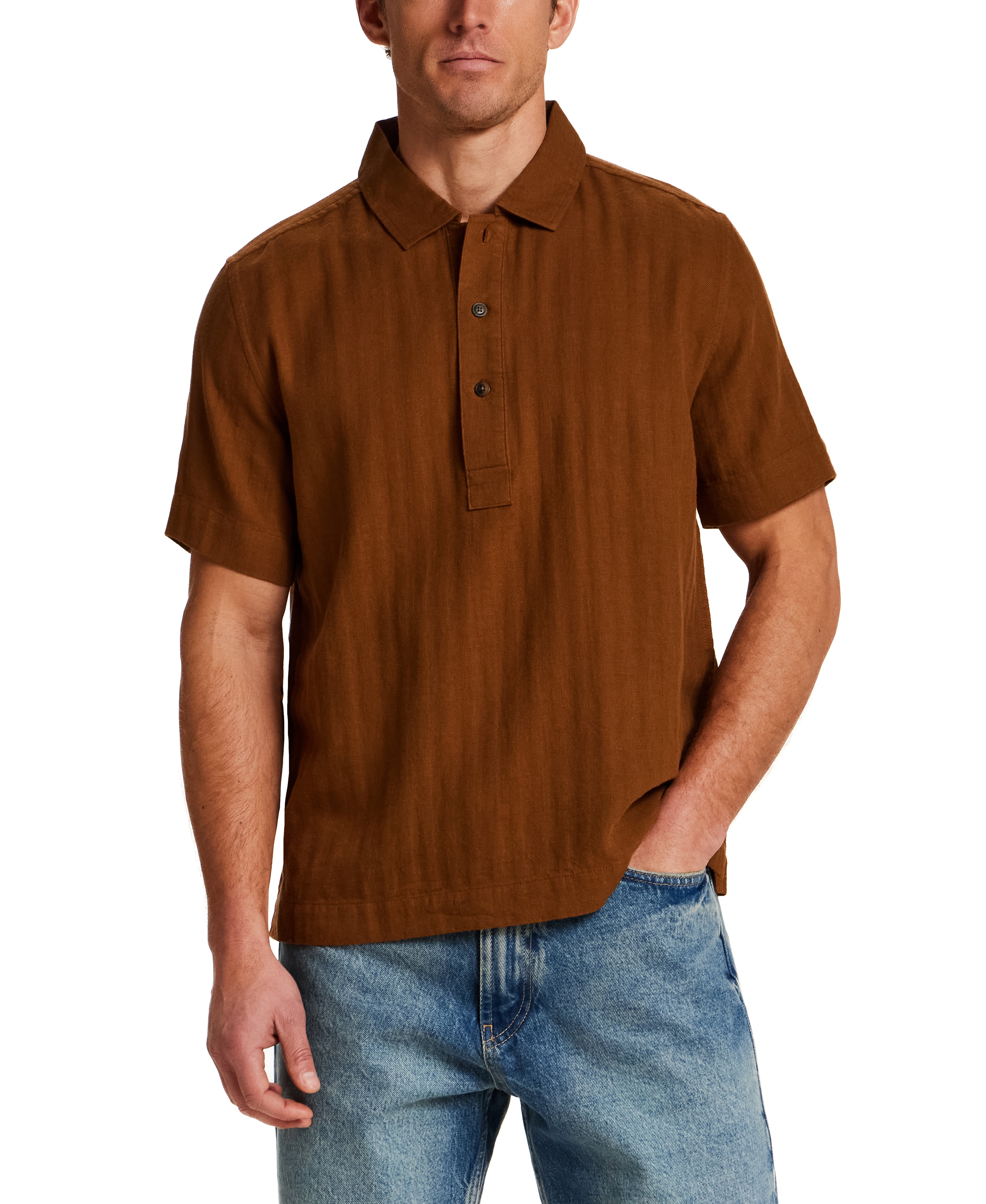 Cotton Gauze Herringbone Polo in Retro Brown