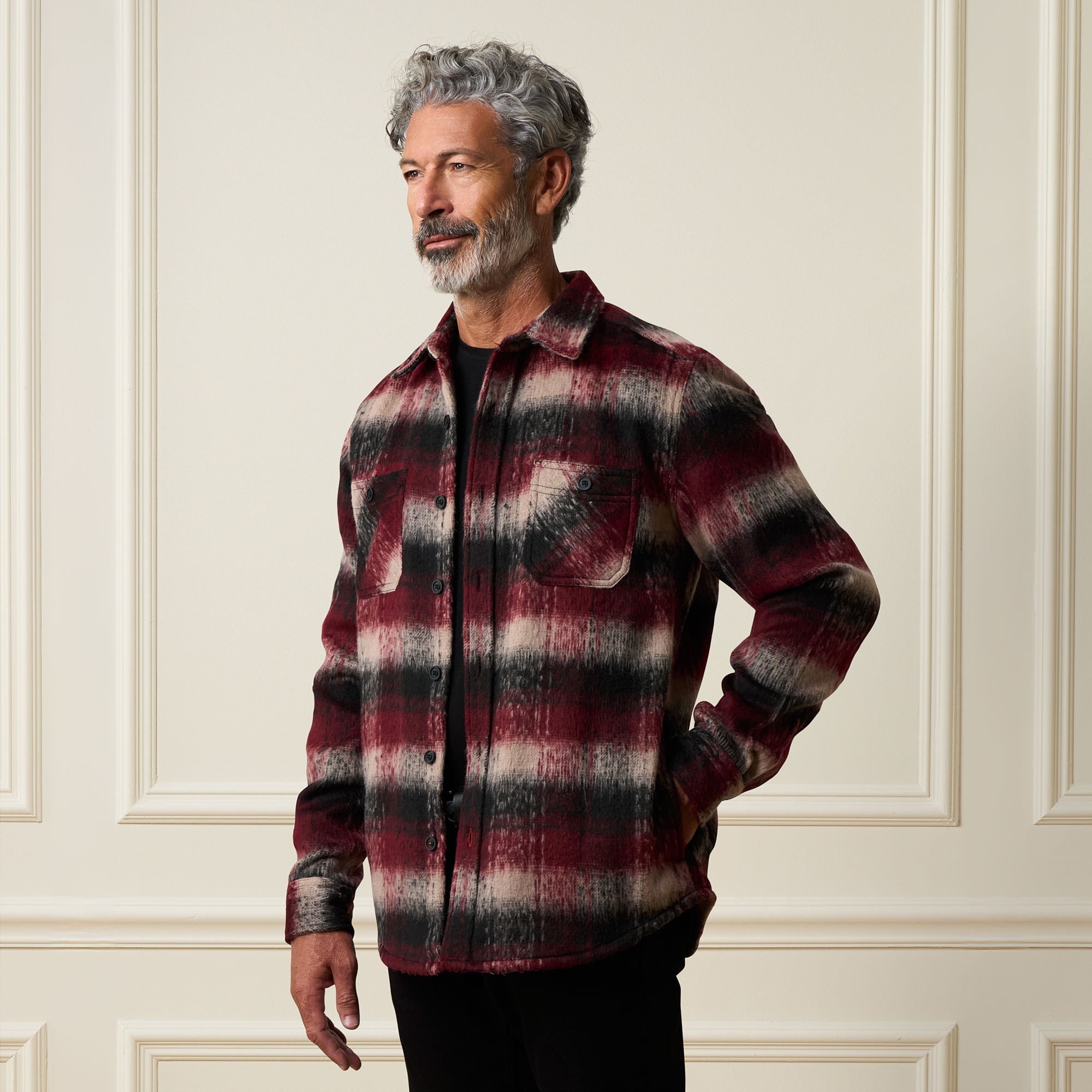 Brushed Unlined Plaid Shirt Jacket in Burgundy