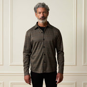 Bold Plaid Jacquard Button Down Shirt in Black Khaki worn by a model, showcasing the bold plaid pattern and button front design.
