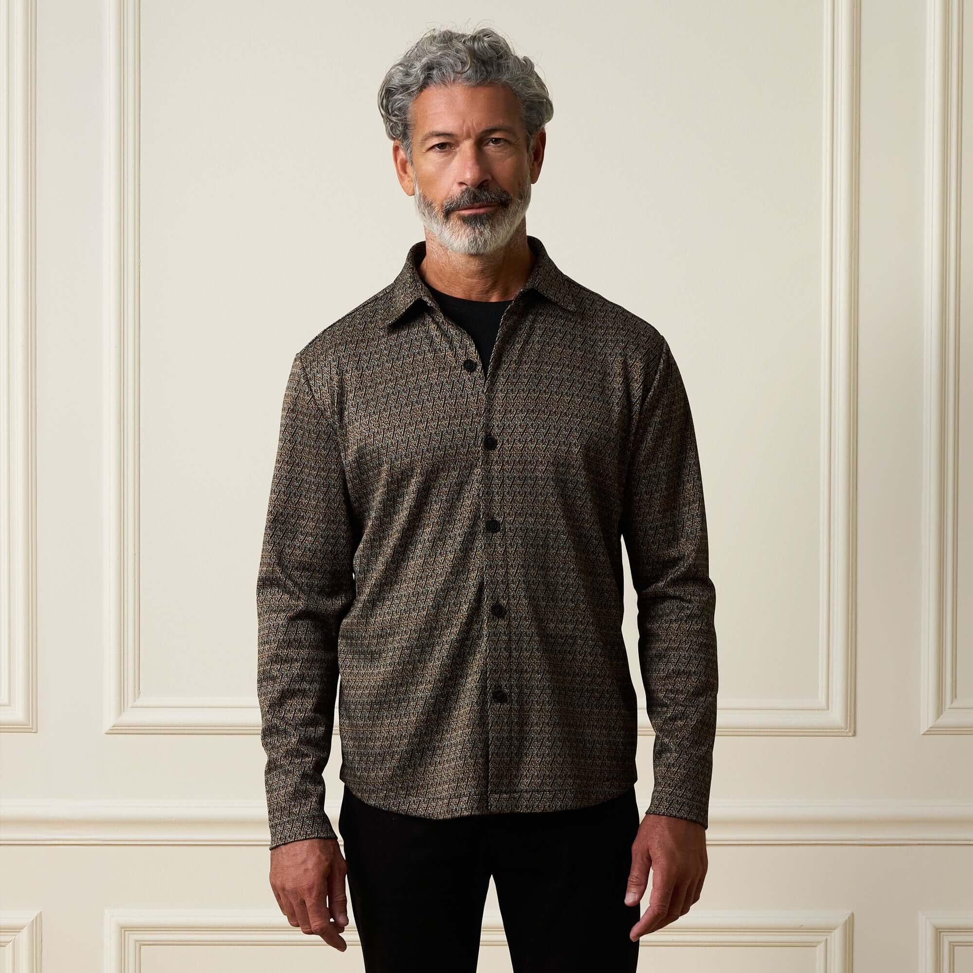 Bold Plaid Jacquard Button Down Shirt in Black Khaki worn by a model, showcasing the bold plaid pattern and button front design.