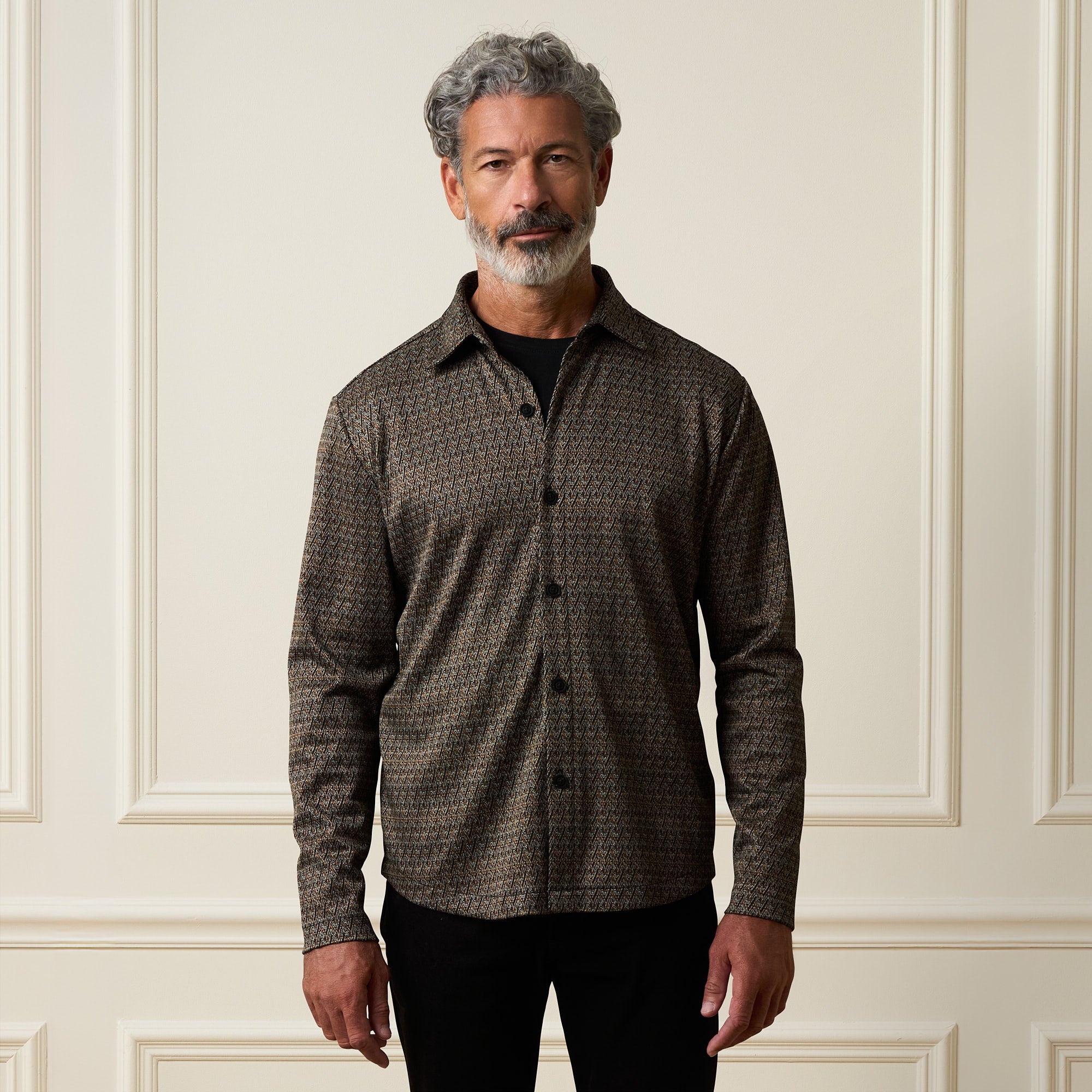 Bold Pattern Jacquard Button Down Shirt in Dark Khaki