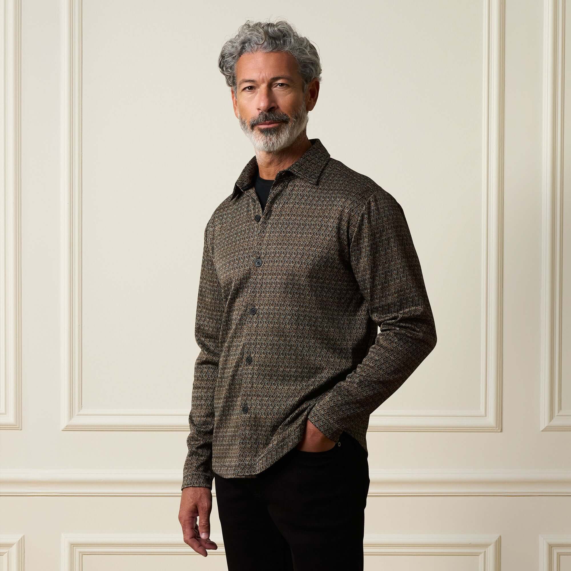 Bold Plaid Jacquard Button Down Shirt in Black Khaki worn by a model, showcasing its stylish design and comfortable fit.