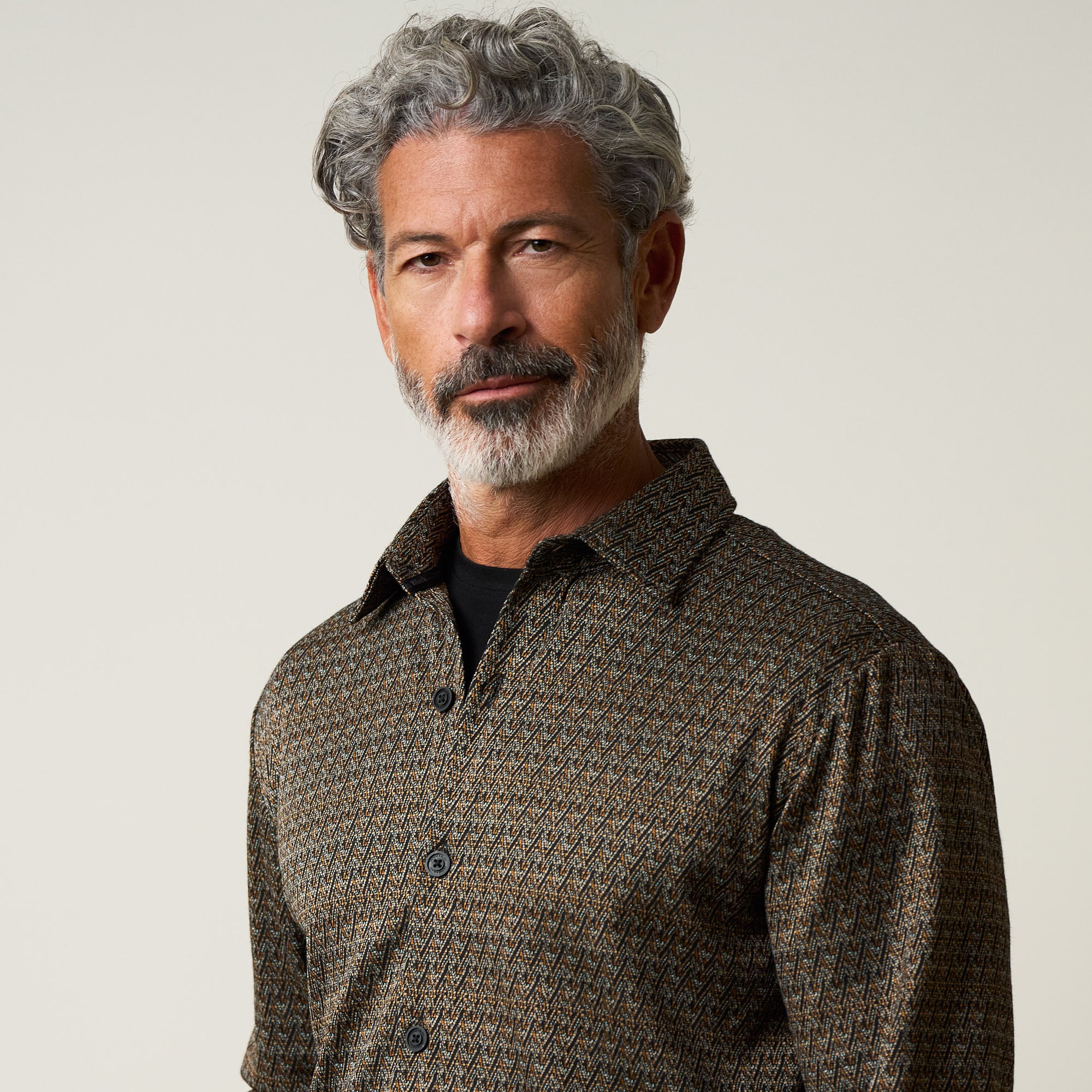 Bold Pattern Jacquard Button Down Shirt in Dark Khaki