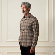Bold Pattern Jacquard Button Down Shirt in Dark Khaki worn by a model, featuring a classic fit and bold jacquard pattern.