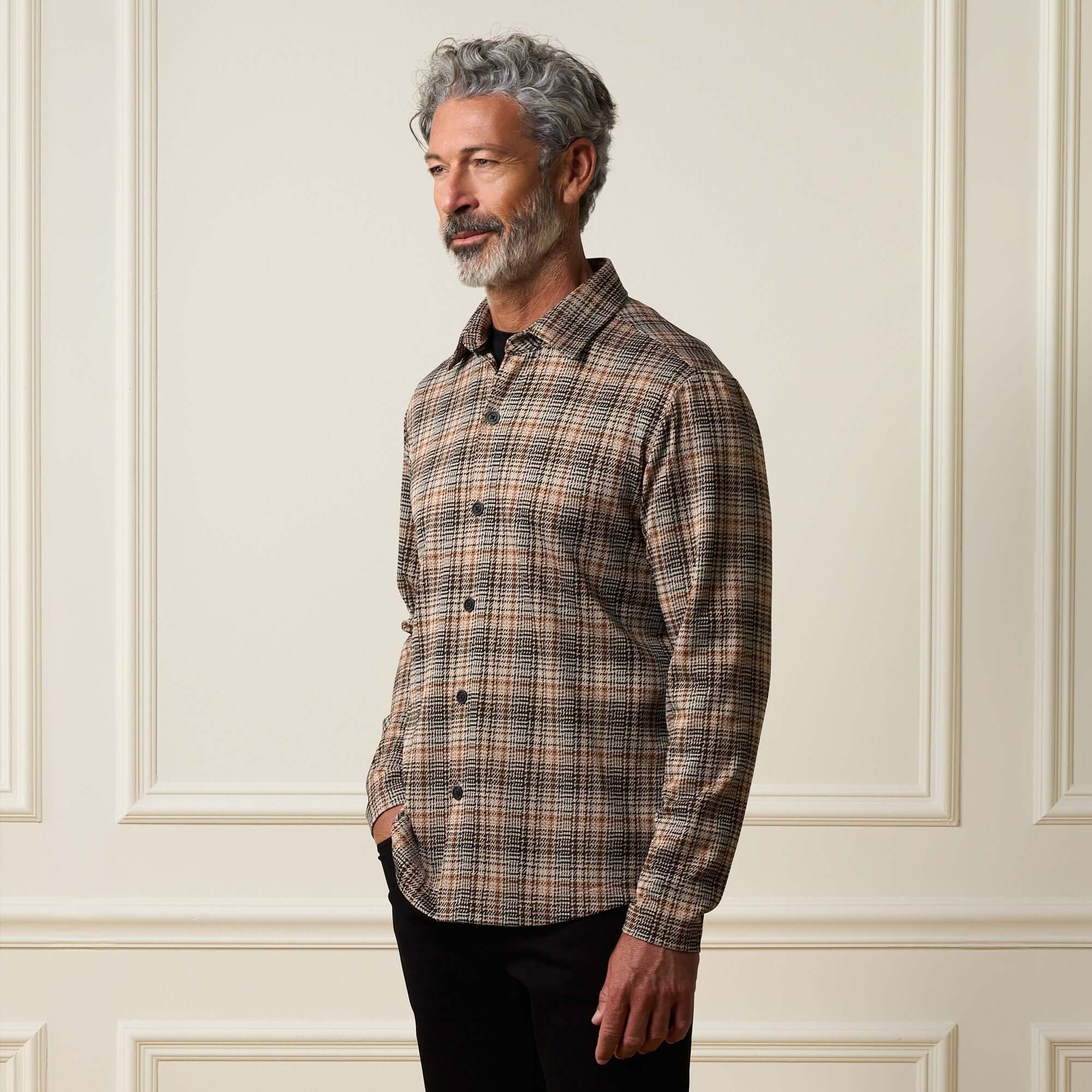 Bold Pattern Jacquard Button Down Shirt in Dark Khaki worn by a model, featuring a classic fit and bold jacquard pattern.