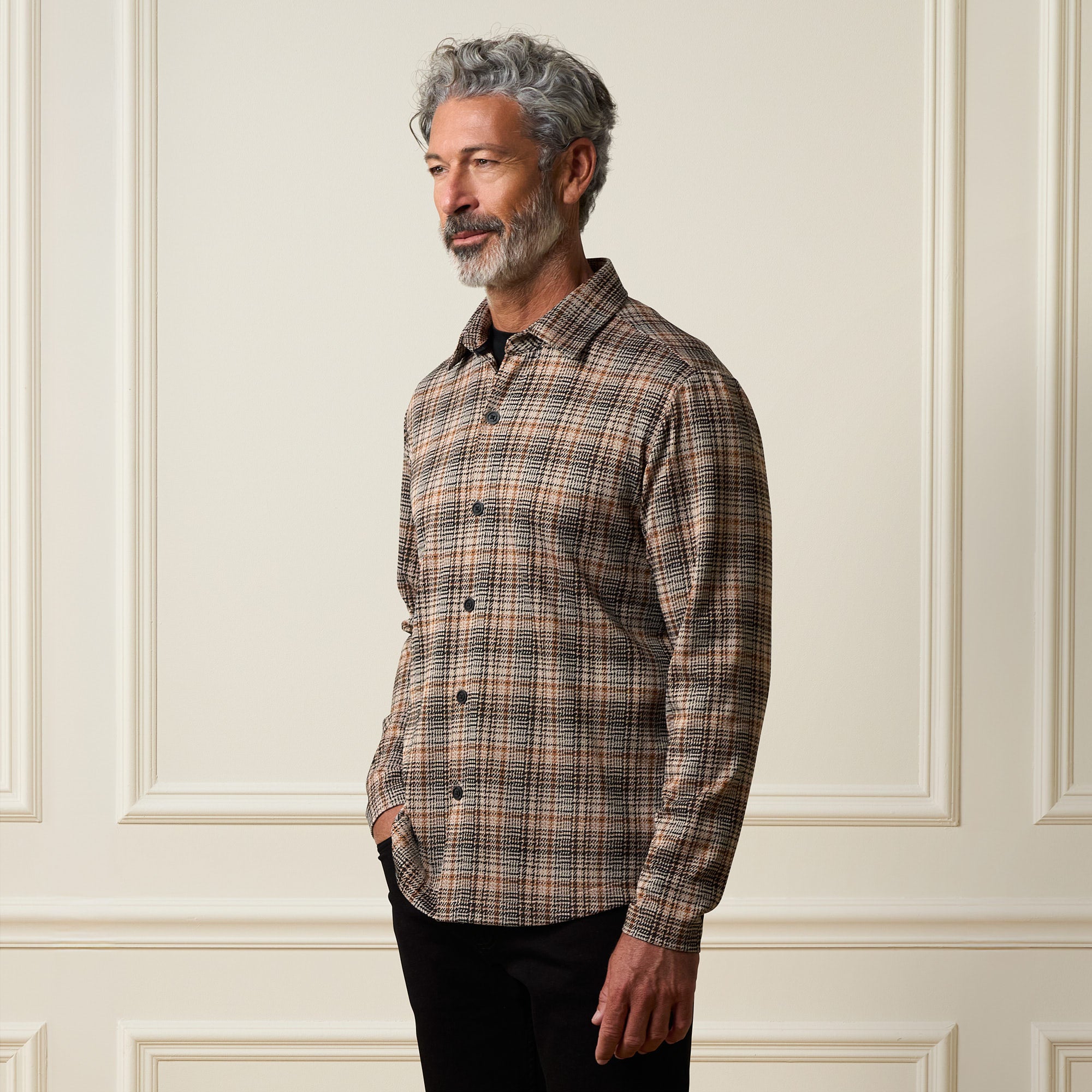 Bold Plaid Jacquard Button Down Shirt in Black Khaki