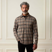 Bold Pattern Jacquard Button Down Shirt in Dark Khaki worn by a model against an elegant backdrop.