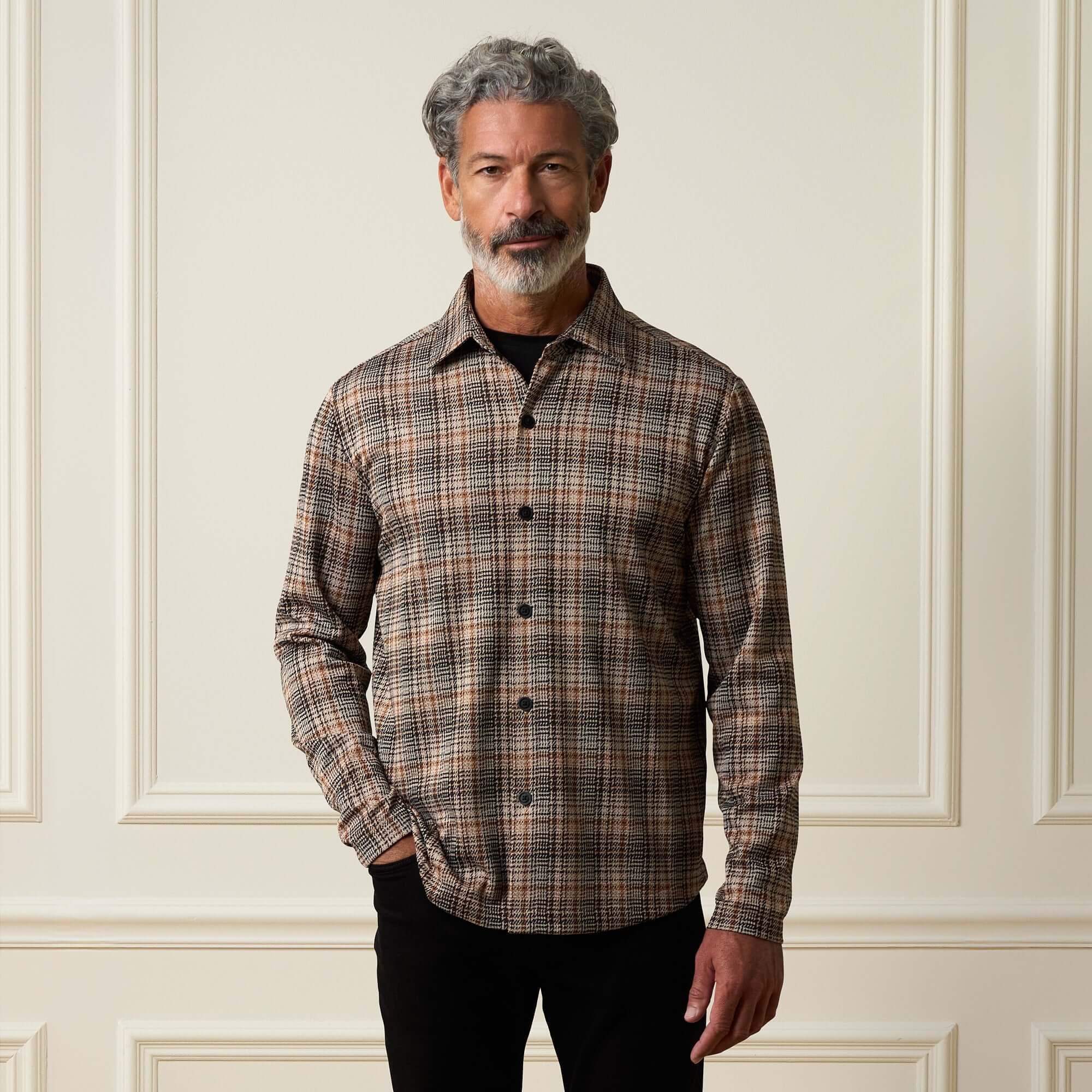 Bold Pattern Jacquard Button Down Shirt in Dark Khaki worn by a model against an elegant backdrop.