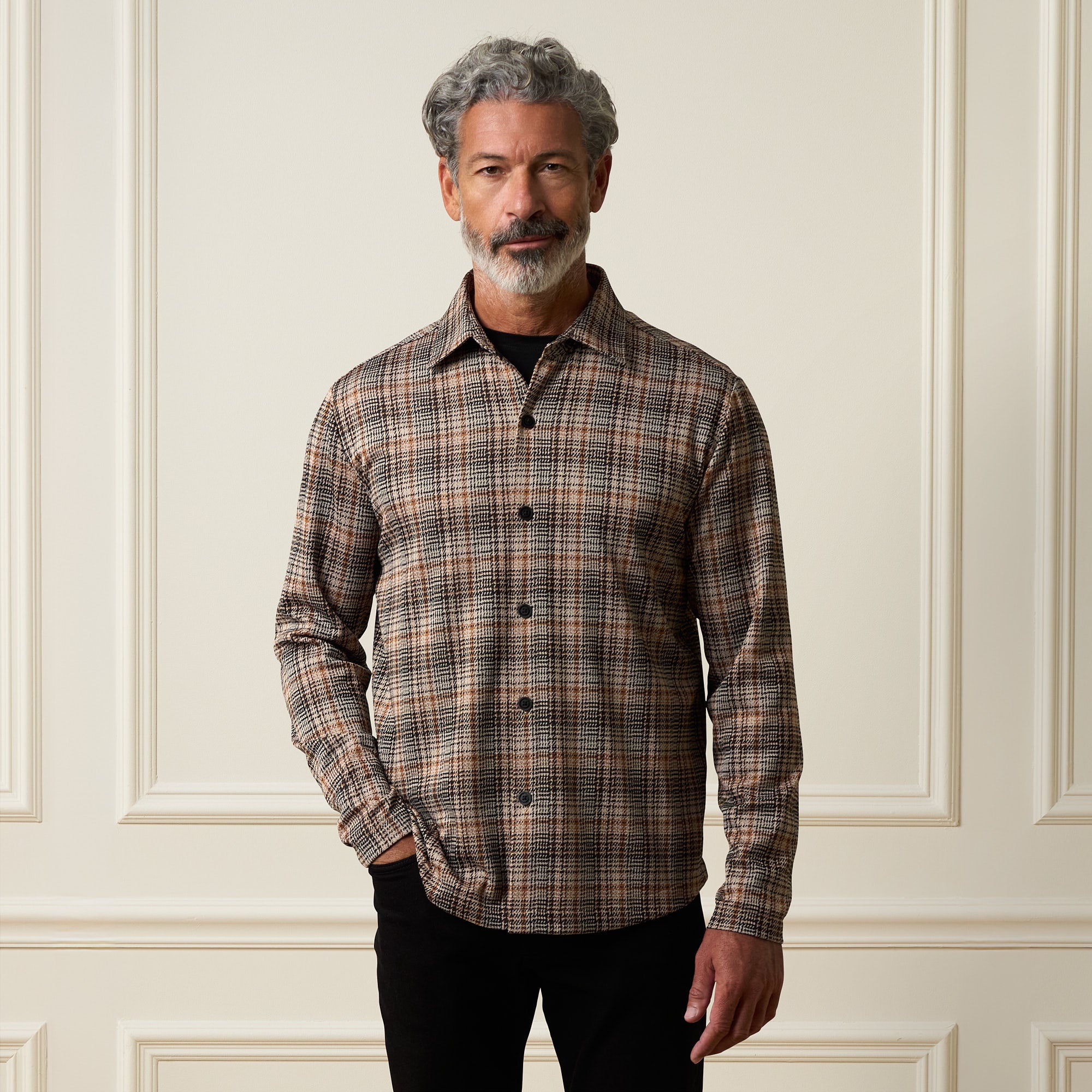 Bold Plaid Jacquard Button Down Shirt in Black Khaki