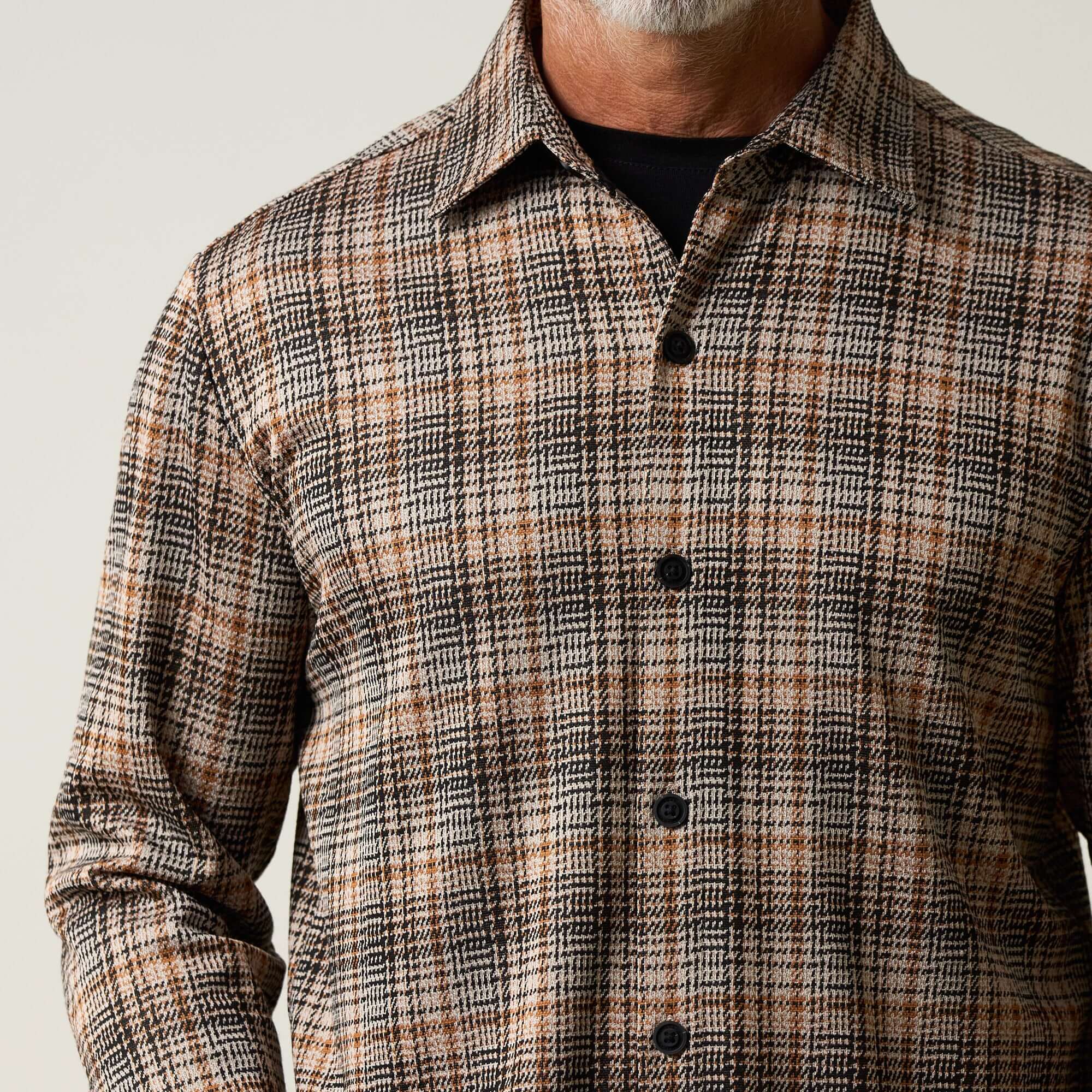 Bold Pattern Jacquard Button Down Shirt in Dark Khaki featuring a stylish printed design and long sleeves.