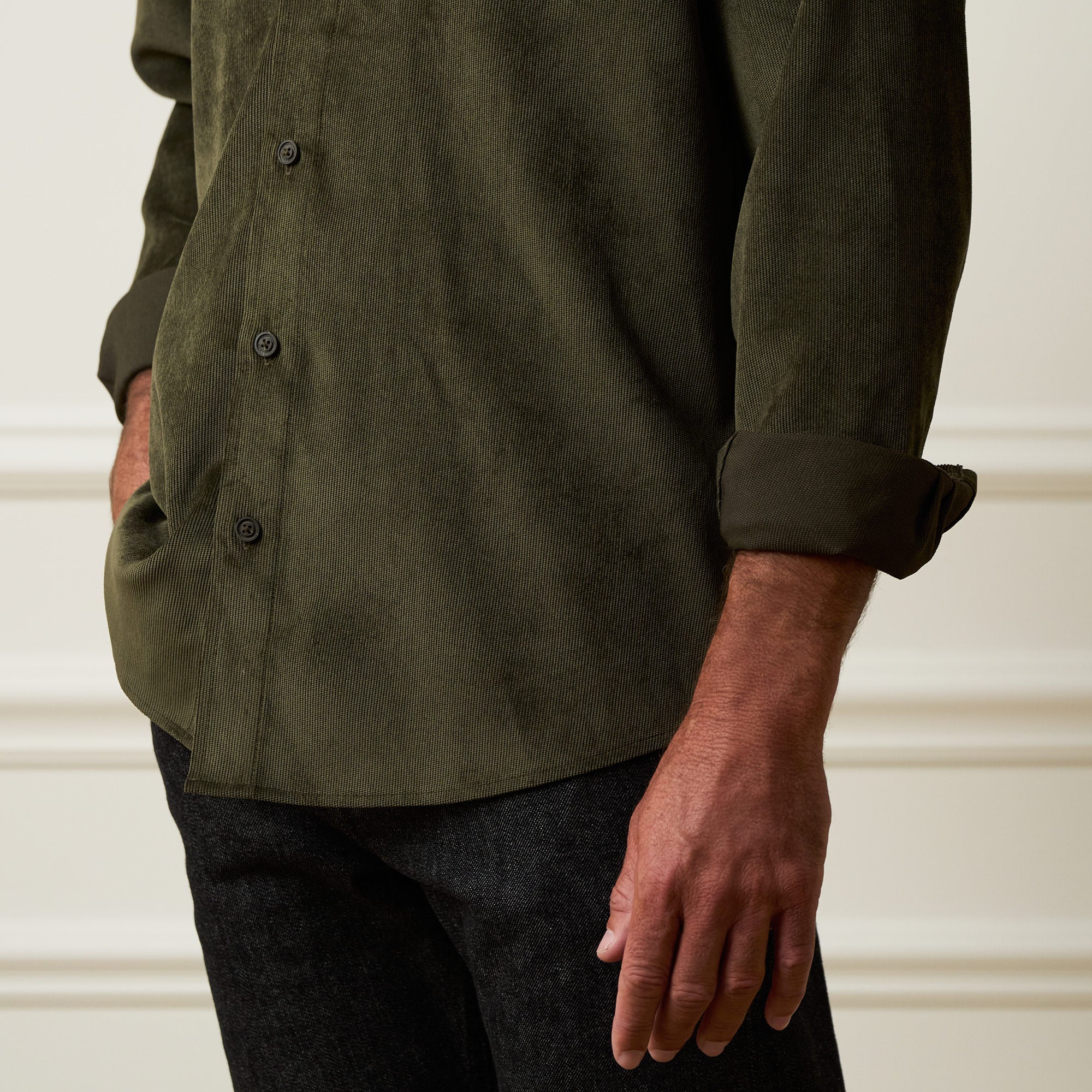 Long Sleeve Solid Cord Button Down in Olive