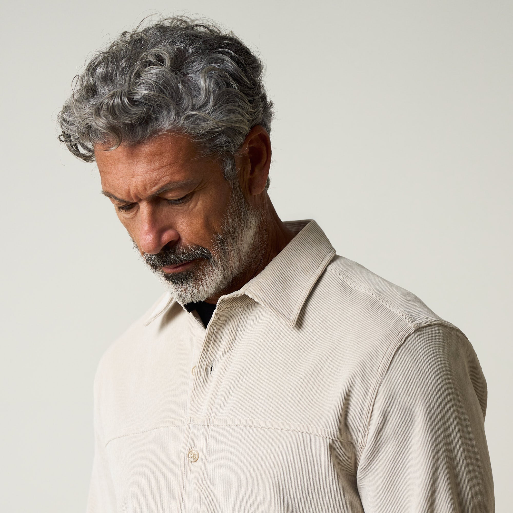 Long Sleeve Solid Cord Button Down Cream