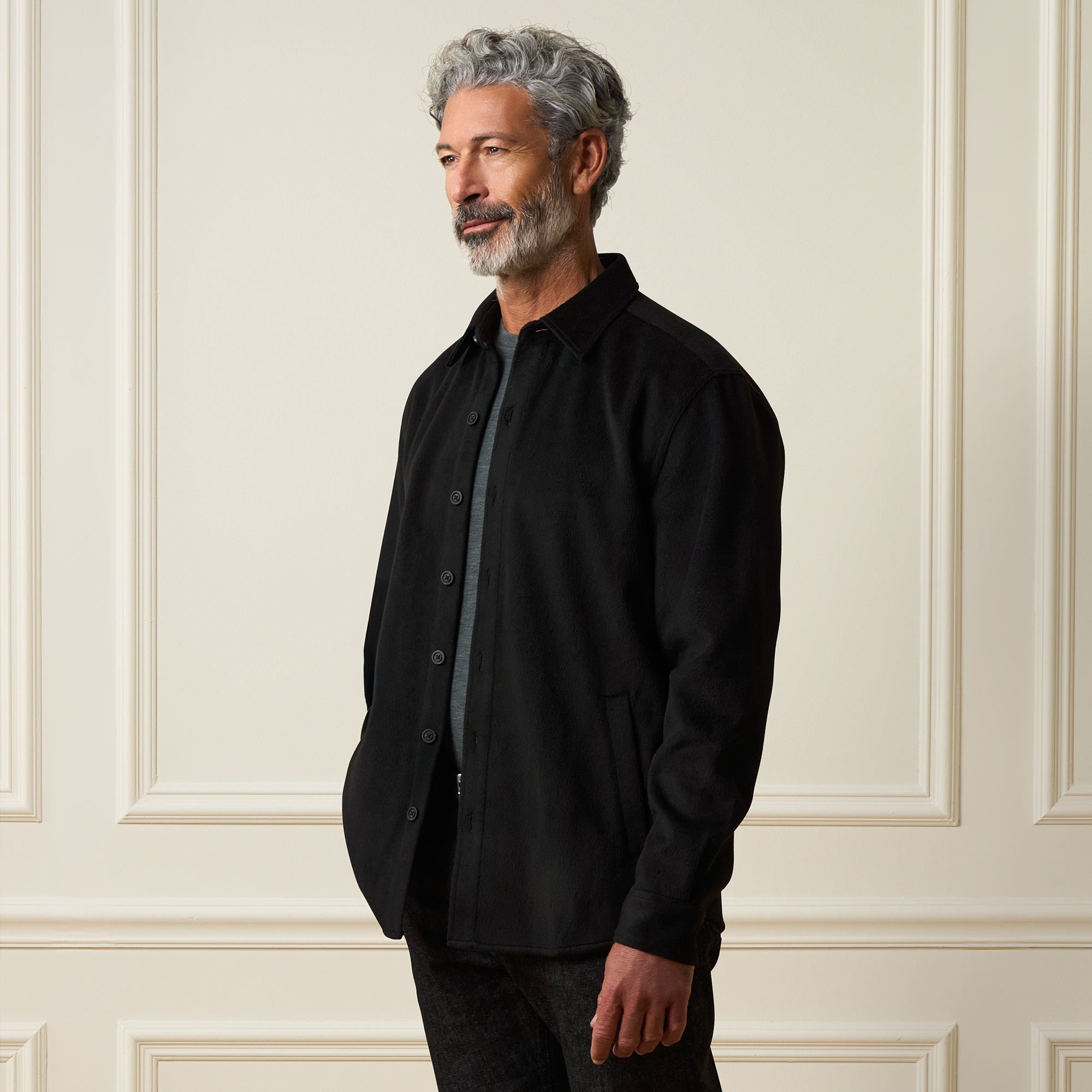 Faux Wool Shirt Jacket in Black