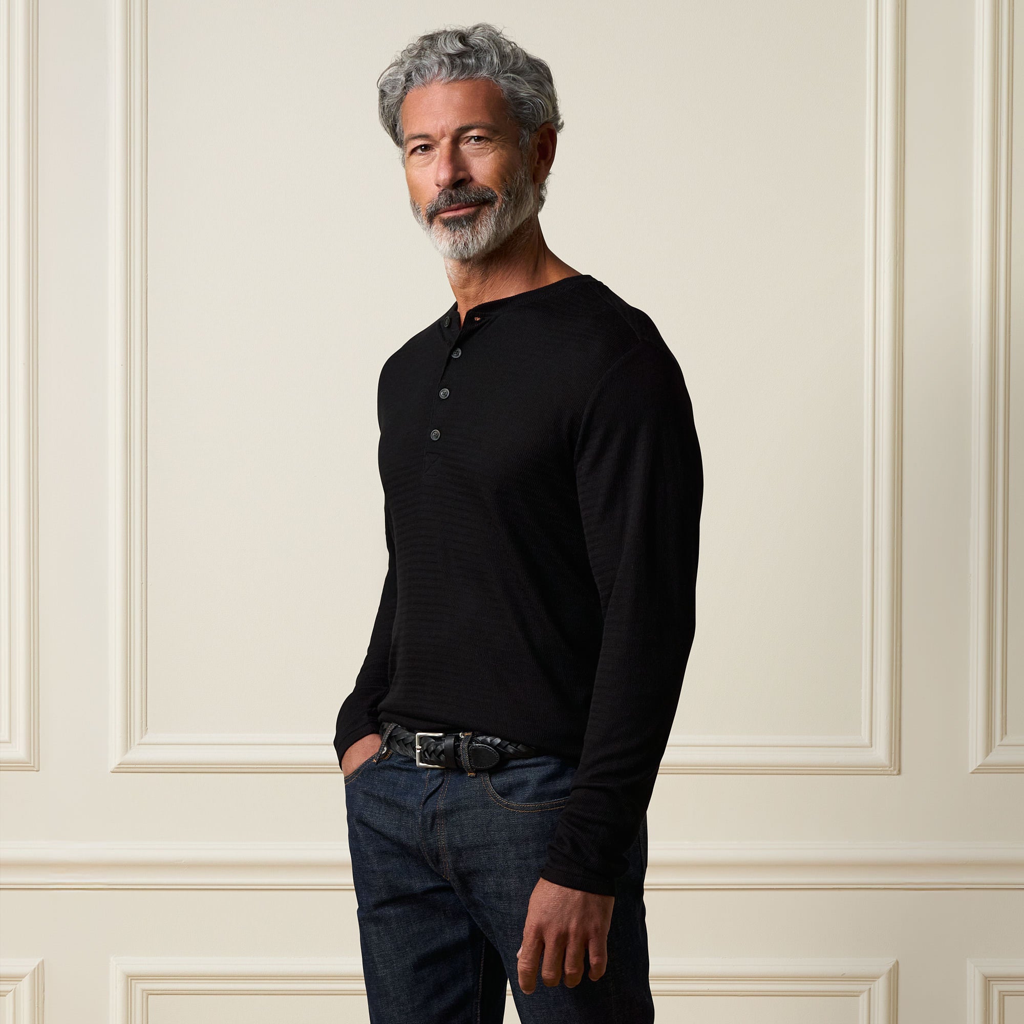 Long Sleeve Crinkle Henley in Black