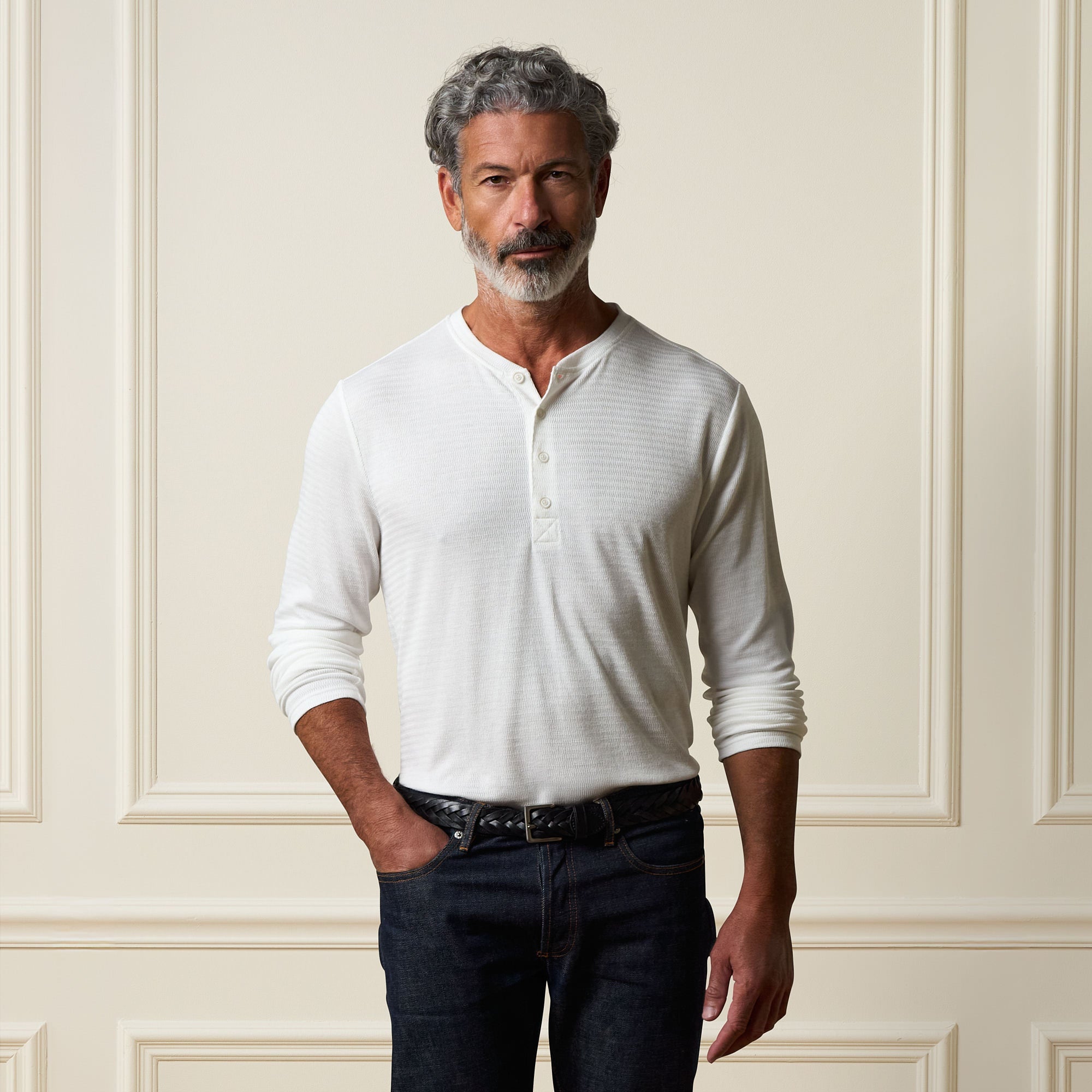 Long Sleeve Crinkle Henley in White